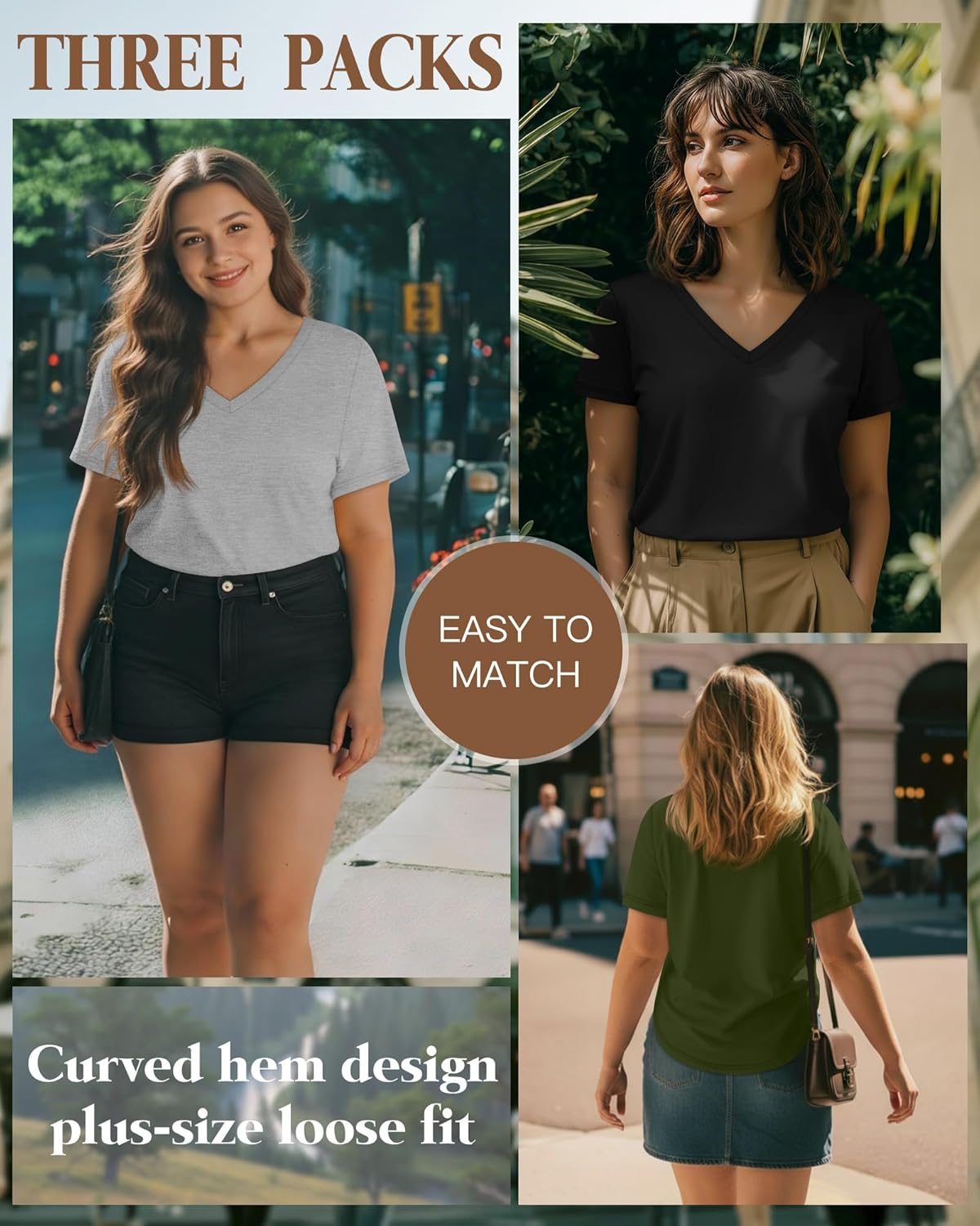 3 Pack Women's Plus Size T-Shirts, V Neck Short Sleeve Shirts Loose Fit Curved Hem Tees Casual Swing Tops - Image 6