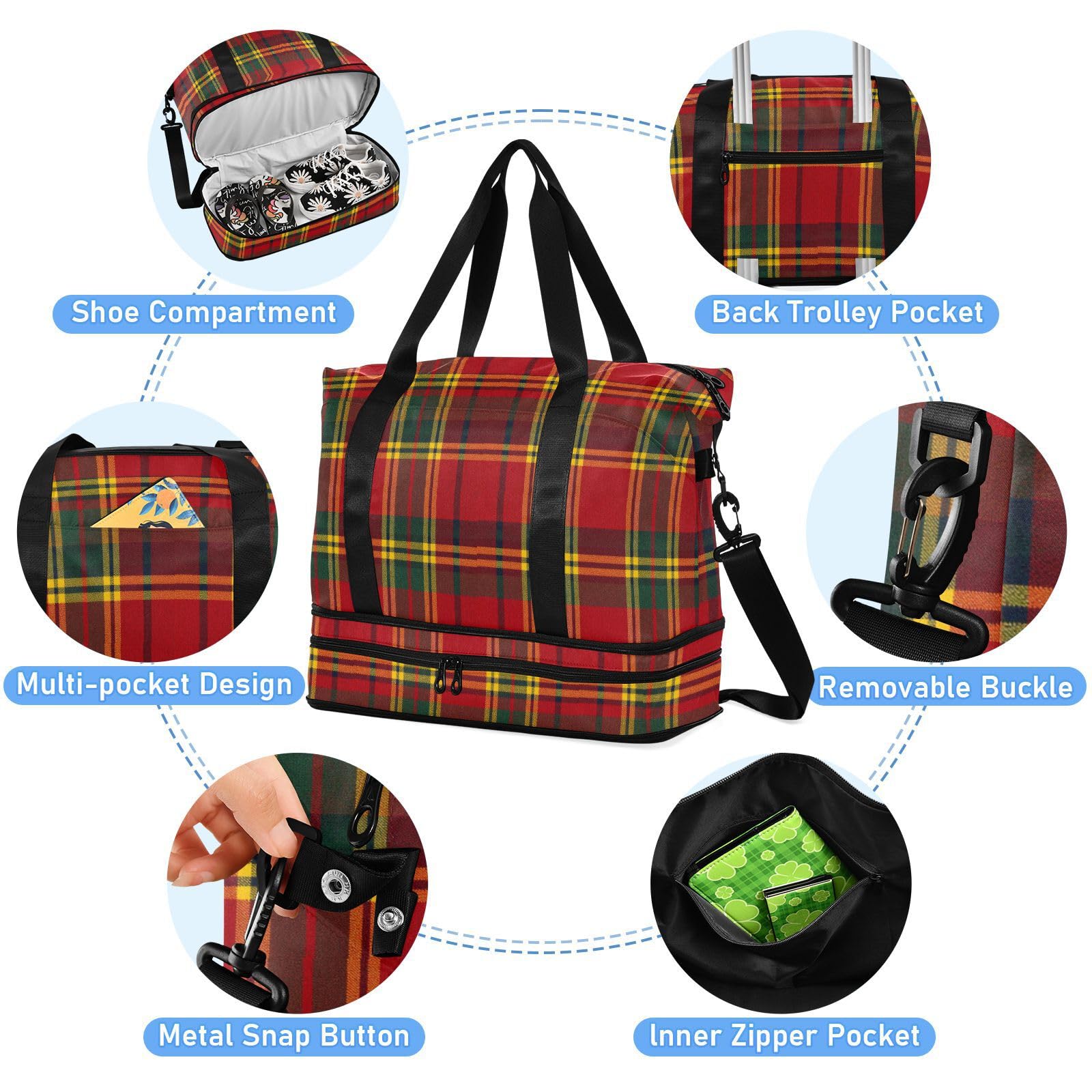 Bolsa de lona escocesa a cuadros de tartán rojo con bolsillo mojado, correa ajustable, bolsas de lona para yoga, gran capacidad para hombres y mujeres