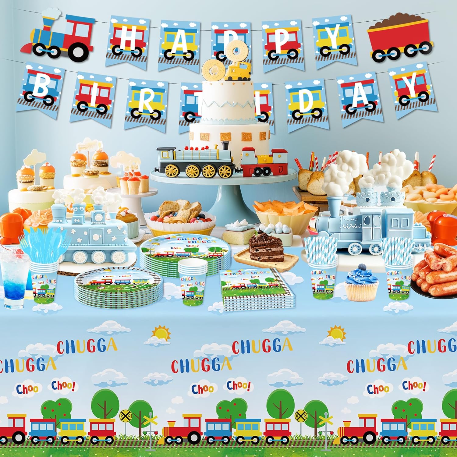 Suhelki Train Birthday Party Supplies, Chugga Choo Train Birthday Decorations, Paper Plates and Napkins Set for Kid's 1st 2nd 3rd, Cup, Cutlery, Straw, Banner, Tablecloth, 24 Guests - Image 6