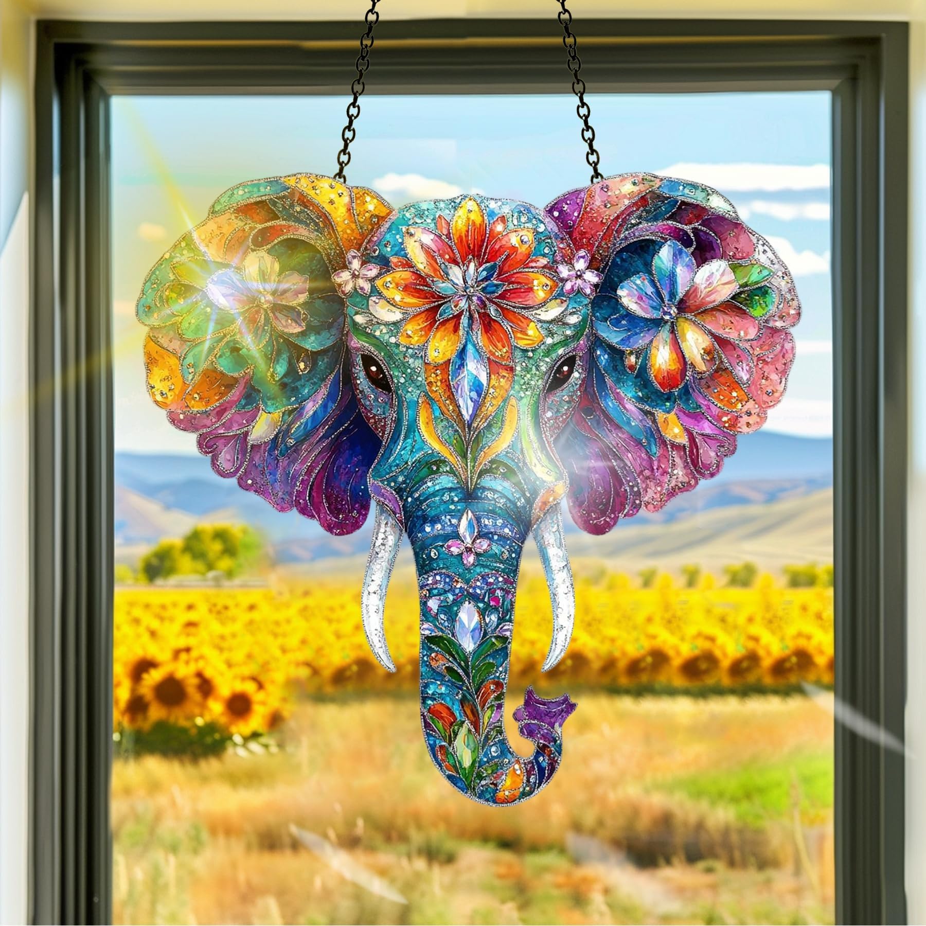 Colorful Acrylic Suncatcher, Sun Catchers Elephant Flower Hanging Window Decoration, Rainbow Maker Wall Art, for Room Bedroom Balcony Indoor Outdoor Garden Christmas Ornaments Decor 7.8x7.8 Inch hh14