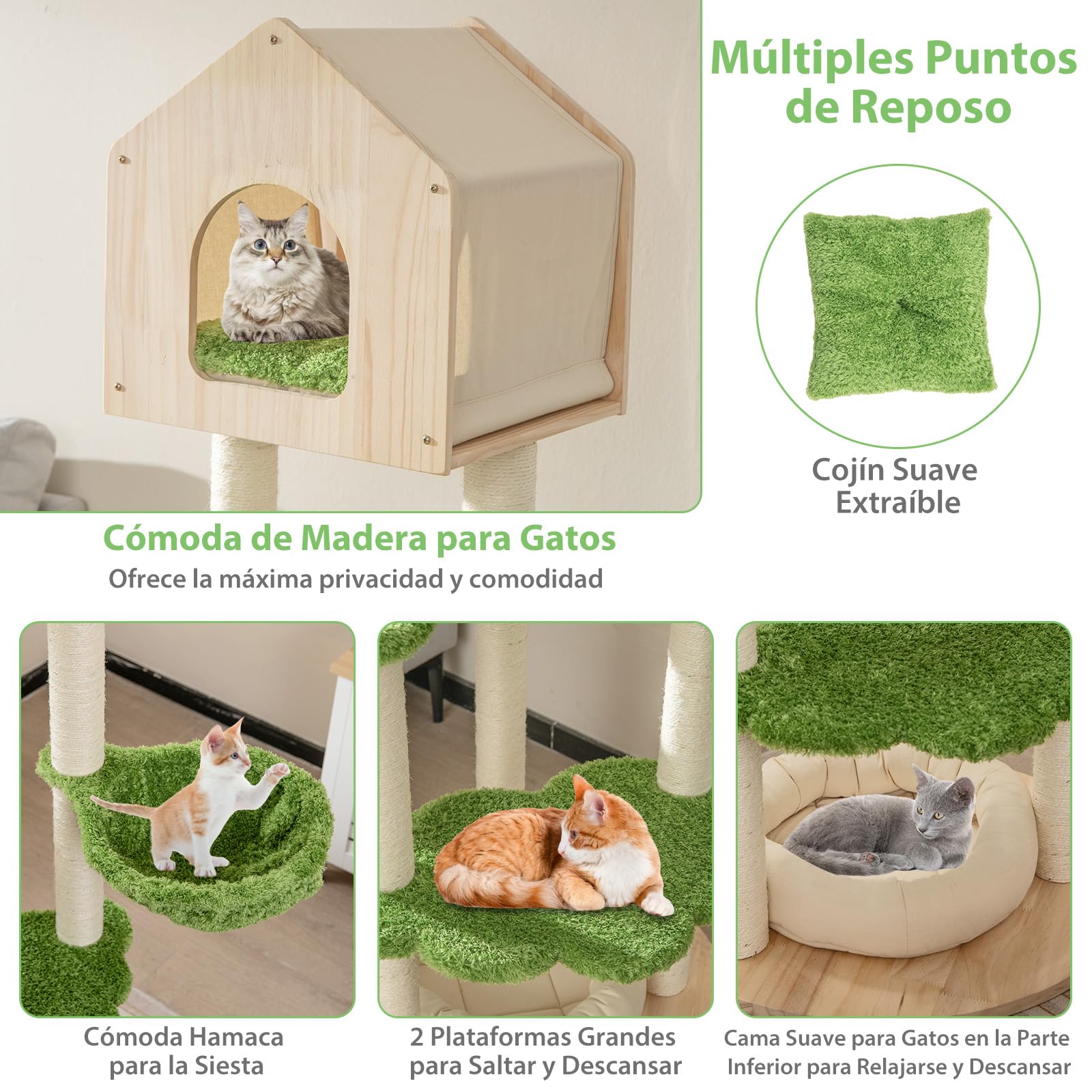 GYMAX Árbol de Escalada para Gatos de 139 cm con Poste Rascador de Sisal y Cueva, Árbol para Gatos con Cama para Gatos, Hamaca, Centro de Actividades de 5 Niveles, Muebles para Gatos