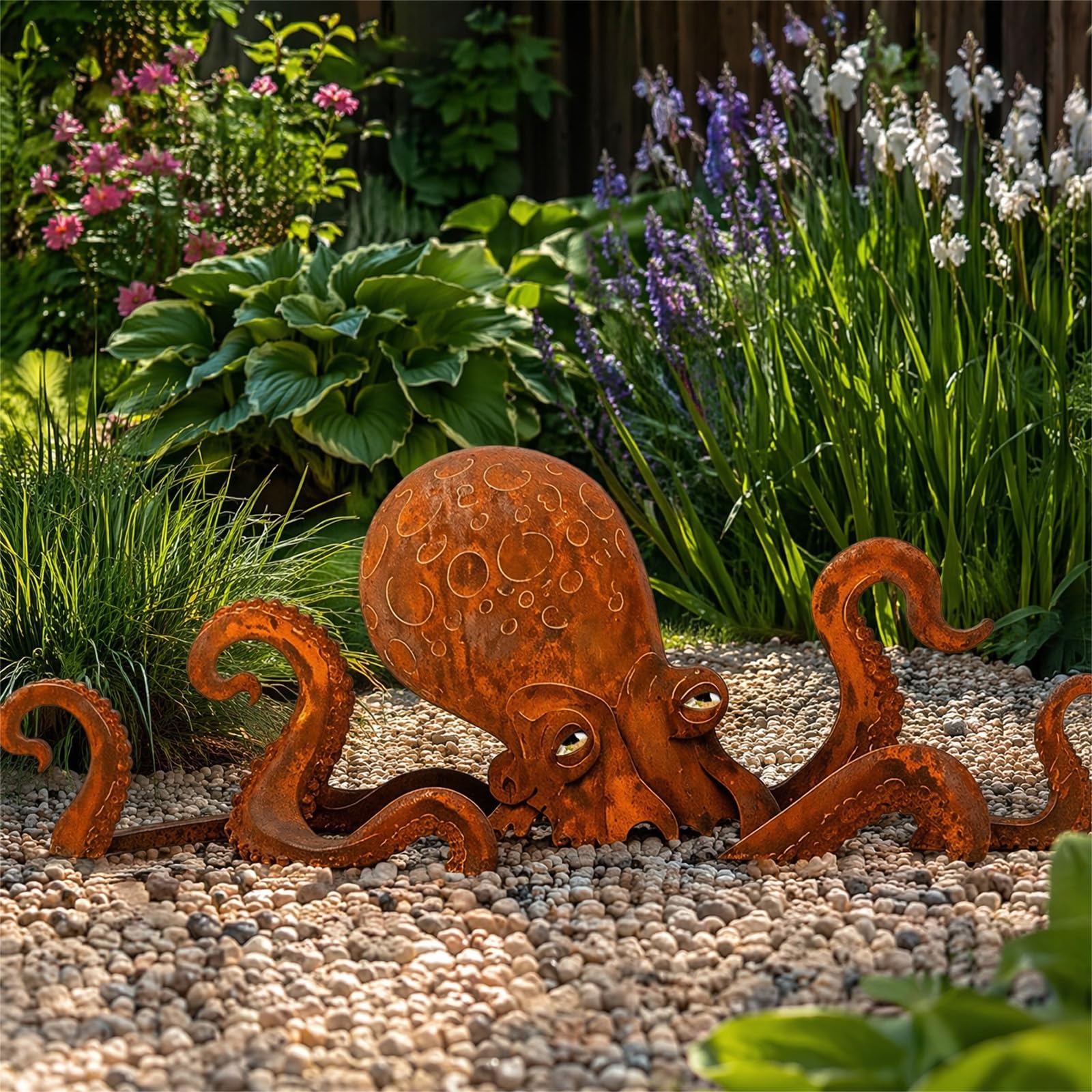 CRGANGZY Rust Patina Giant Squid Garden Sculpture, Metal Octopus Yard Art, Rustic Metal Octopus Statue Coastal Marine Animal Lawn Ornament for Patio Lawn Backyard Beach Themed Decor
