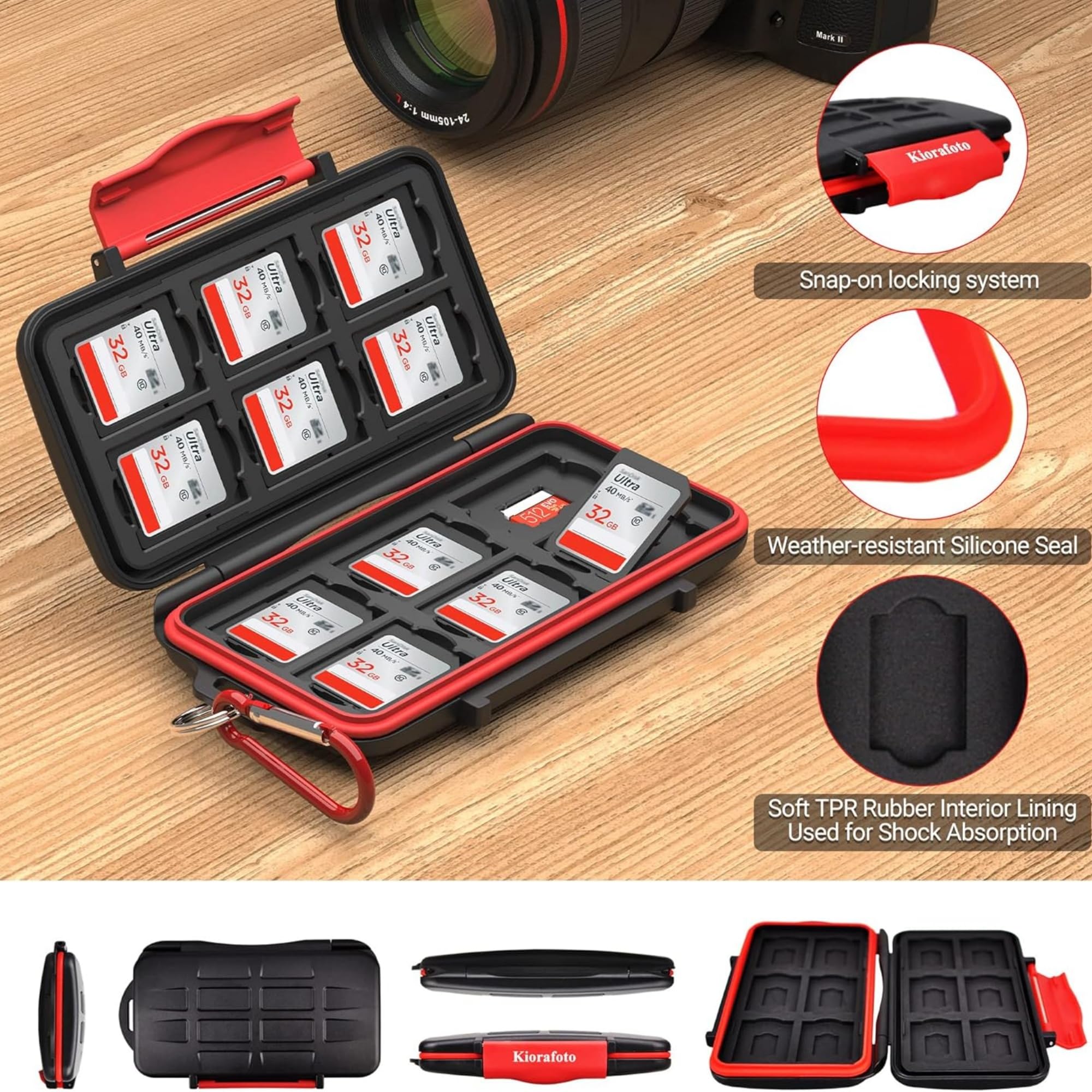 Kiorafoto Porta SD Card, 24 Slot per 12 SD SDXC SDHC Cards + 12 TF Micro SDXC SDHC Cards, IPX5 Impermeabile e Antiurto, con Moschettone, Compatta e Portatile