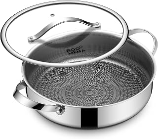 Saute pan with Lid, Hybrid Ceramic 11 Inch Tri-Ply Stainless Steel Pans Nonstick, Non-Toxic, PFAS/PFOA/PTFE Free, Metal Utensil Safe, Dishwasher & Oven Safe, Induction Compatible