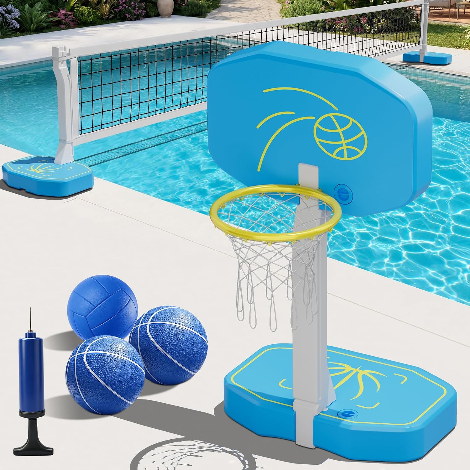 RovPool 2-in-1 Pool Basketball Hoop & Pool Volleyball Net w/3 Balls | Poolside Basketball Hoop for Swimming Pool Game,Oversized Water Basketball Hoop,Swimming Pool Basketball Hoop for Family