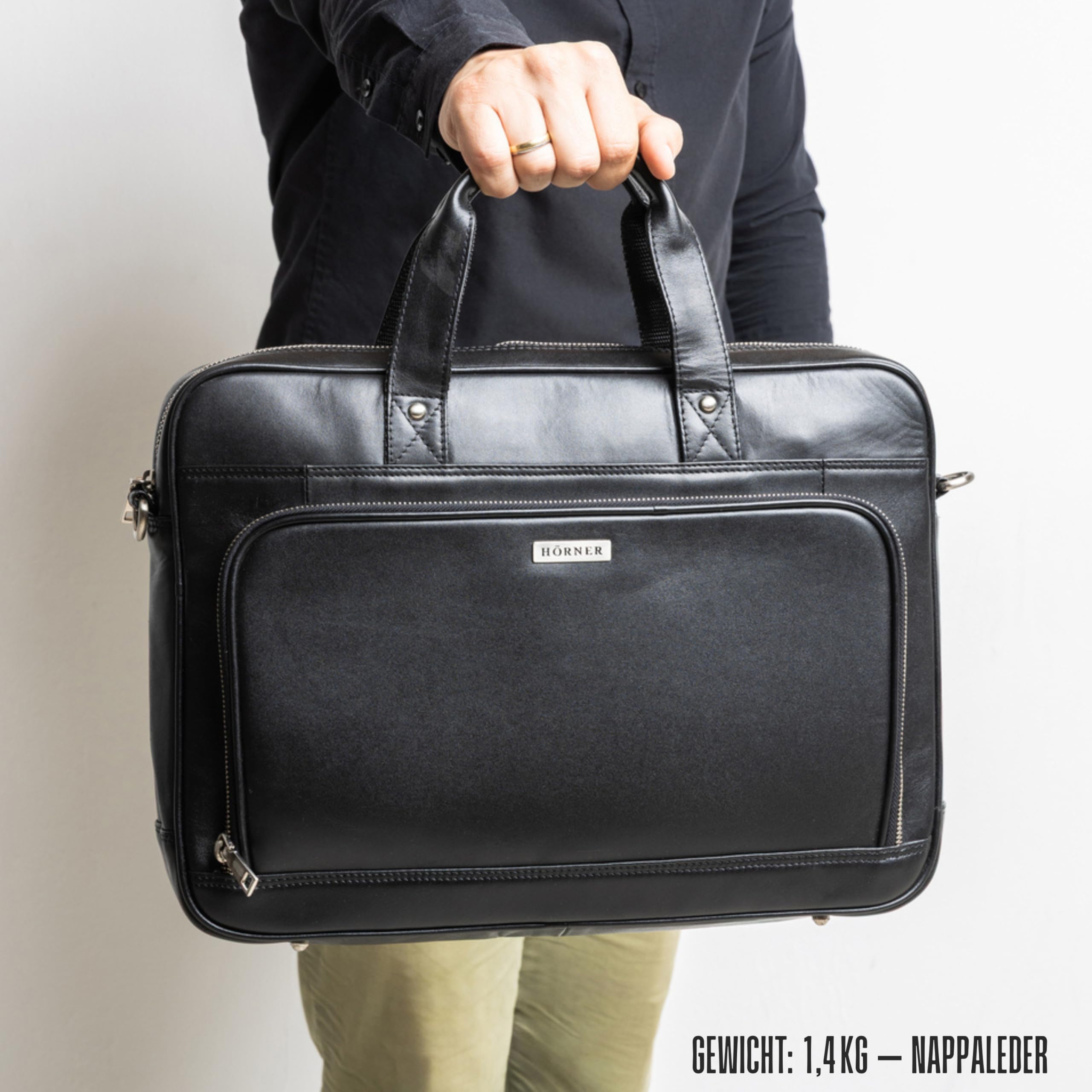 Hörner Bremen Businesstasche aus Echtleder – Schwarz | Laptoptasche 15,6 Zoll mit gepolstertem Laptopfach, 42×32×8 cm, abnehmbarer Schulterriemen, viele Fächer, Damen & Herren