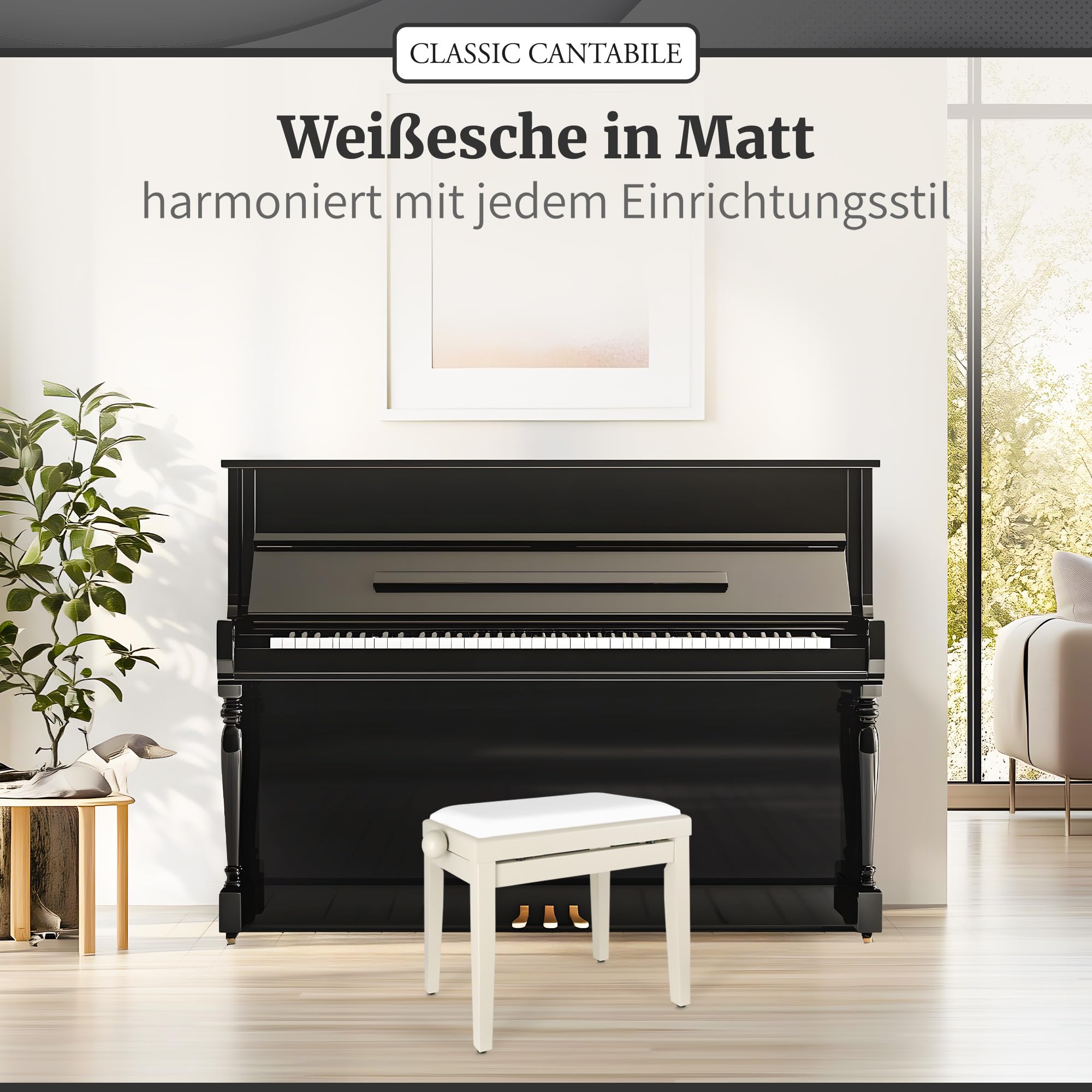 Classic Cantabile Pianobank (höhenverstellbar von 47-56cm, Spindelmechanik, Sitzfläche 55 x 32cm, weißer Velourbezug, stabil) Weißesche matt