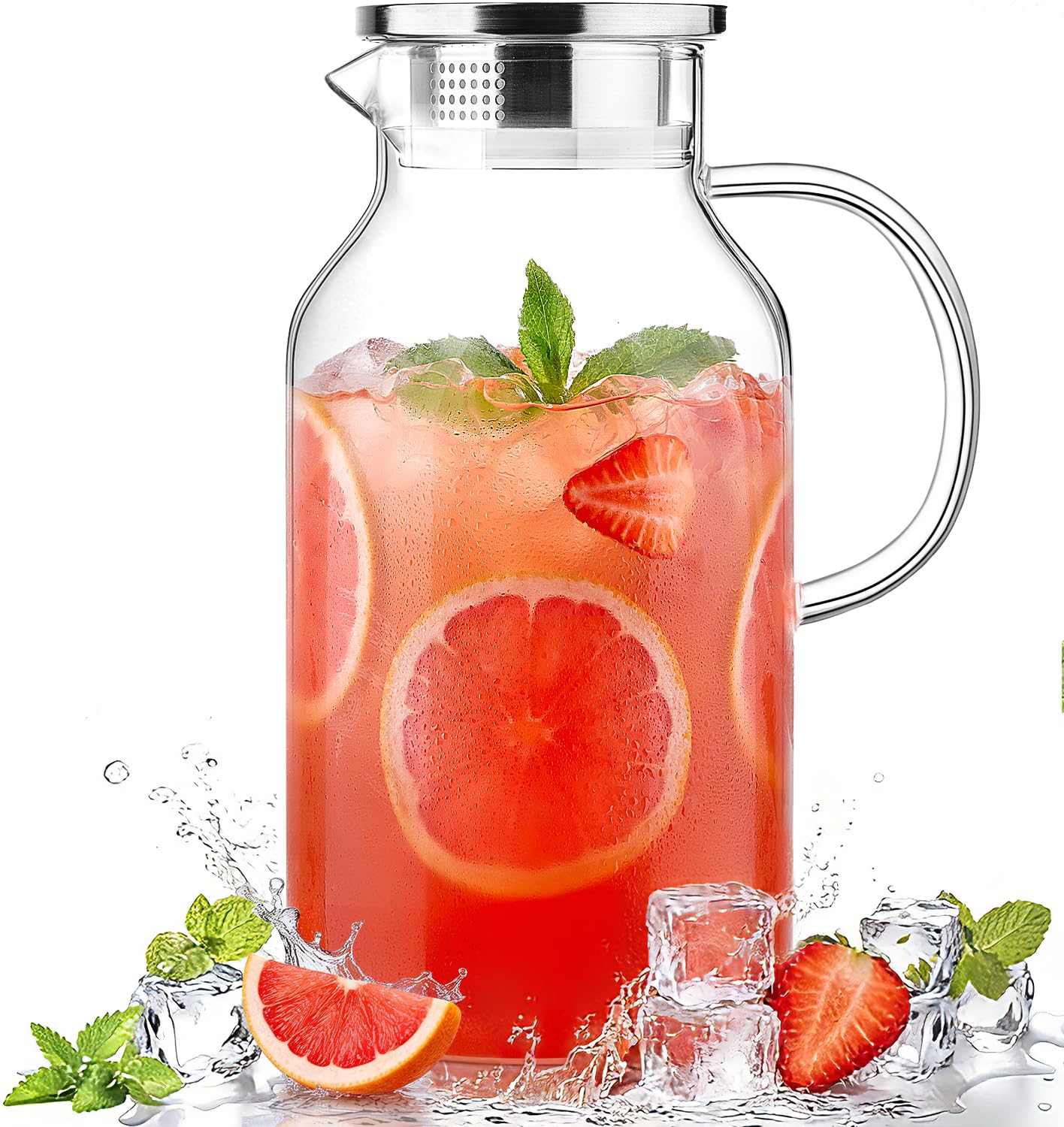 LUNA&MANTHA 1 Gallon Glass Pitcher with Lid and Spout, 128oz Water Pitcher with Handle for Fridge, Large Iced Tea Jug for Juice, Coffee, Sangria, Beverage, Borosilicate Glass Carafe Hot/Cold Drink