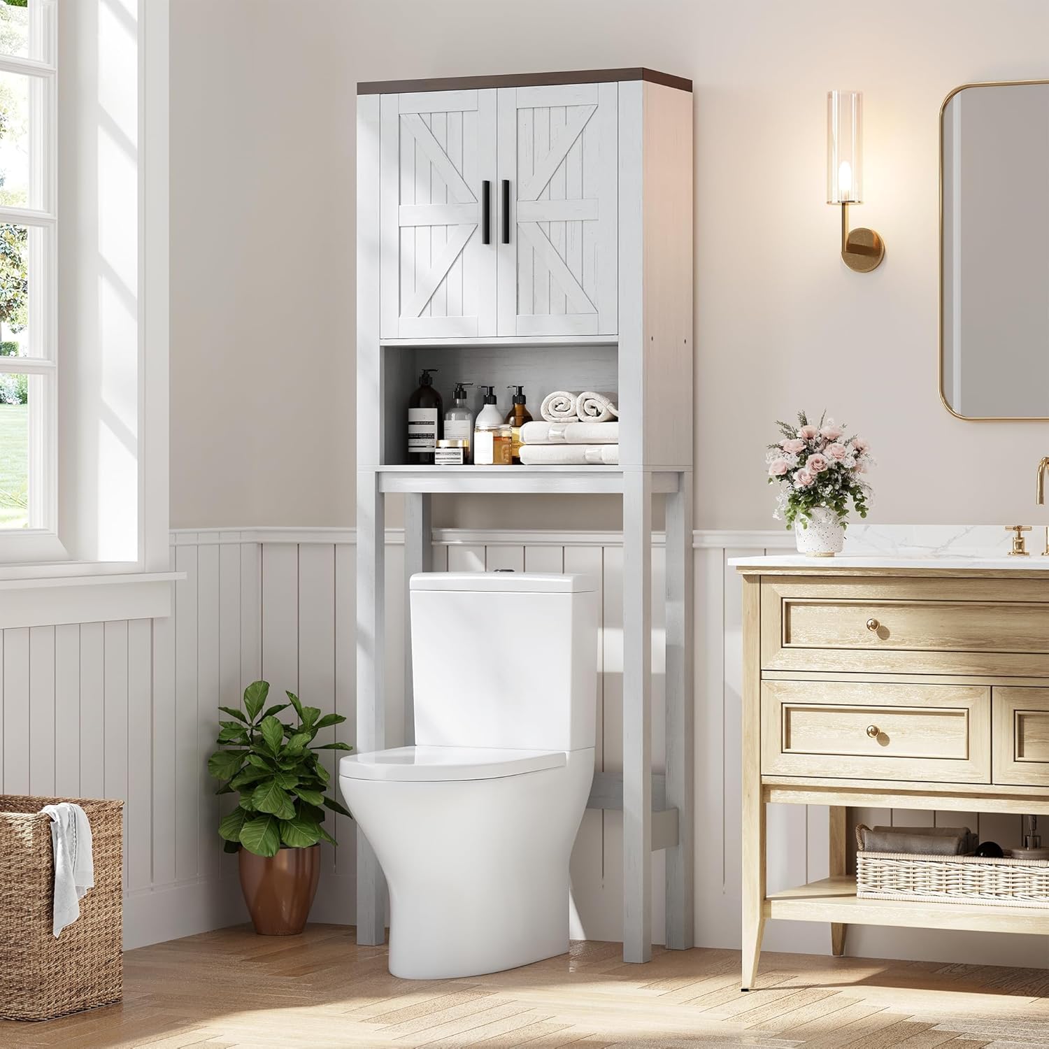 GarveeTech Over the Toilet Cabinet, Double Door Bathroom Storage Organizer, Toilet Rack with Open Storage Shelf, FreeStanding Toilet Shelf Space Saver, for Bathroom, Restroom, Laundry