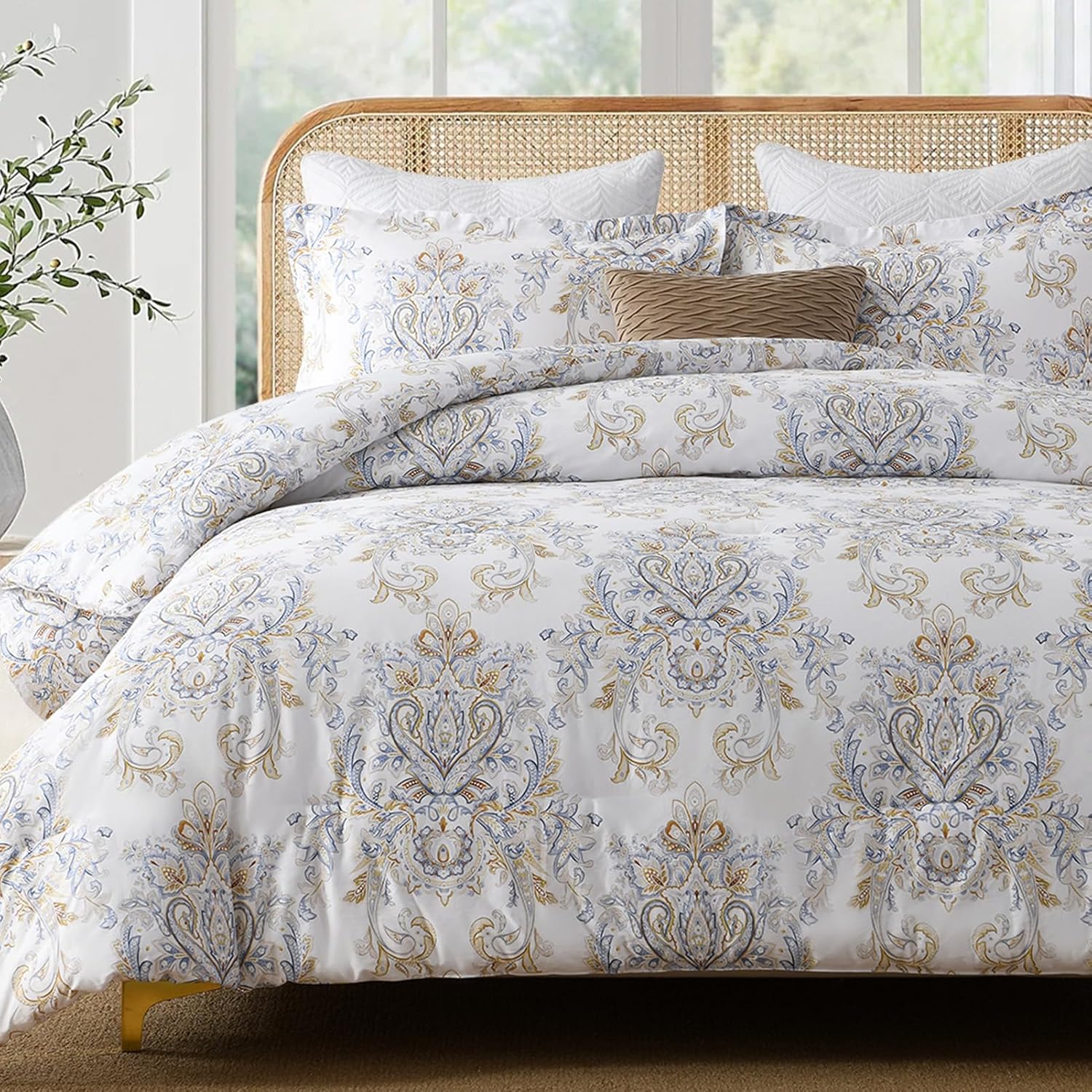 SahSahCasa Cotton Comforter Set King Size, King Comforter Bedding Set, Paisley Floral Damask Patterns Comforter, Chic Fluffy Quilted All-Season Luxury Bed Set, Duvets and Down Alternative, 3pcs