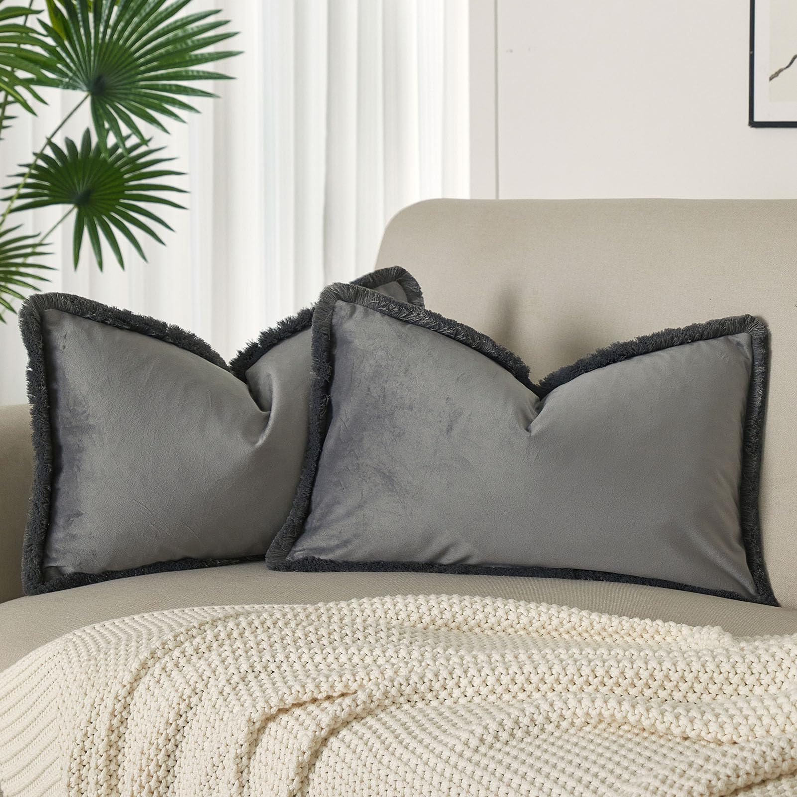 JUSPURBET Gray Decorative Velvet Fringe Throw Pillow Covers 16x24 Set of 2 Boho Soft Cushion Case for Home Decor Living Room Couch Sofa Bed — image 1