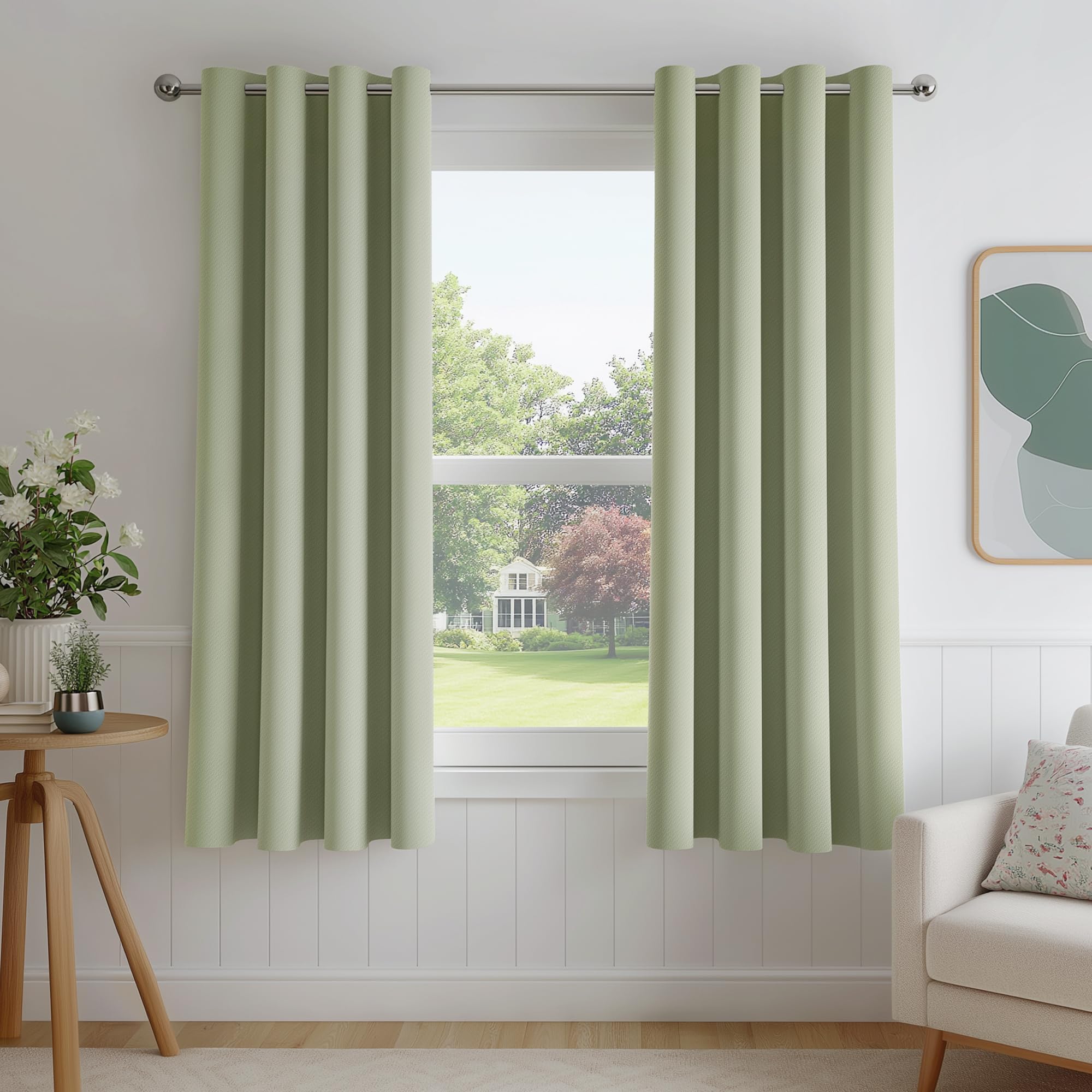 FMFUNCTEX 100% Blackout Curtains for Bedroom, Sage Green Geometric Weave Curtains 54 Inch Length Textured Thermal Insulated Curtains for Living Room,