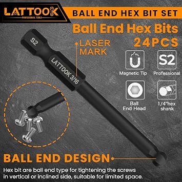 Ball End Hex Head Allen Wrench Drill Bit Set with T Handle Ratchet Driver, LATTOOK Ball End Hex Bit Set Allen Key Bit Set with T Handle, Magnetic S2 Steel, 24PCS Metric & SAE
