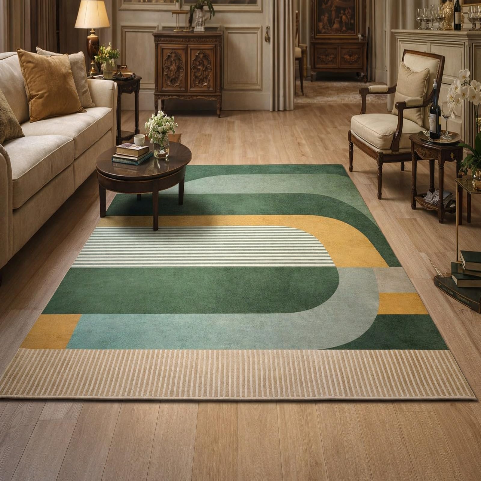 Tapis de salon facile d'entretien 180x270cm grand tapis lavable à motif vert