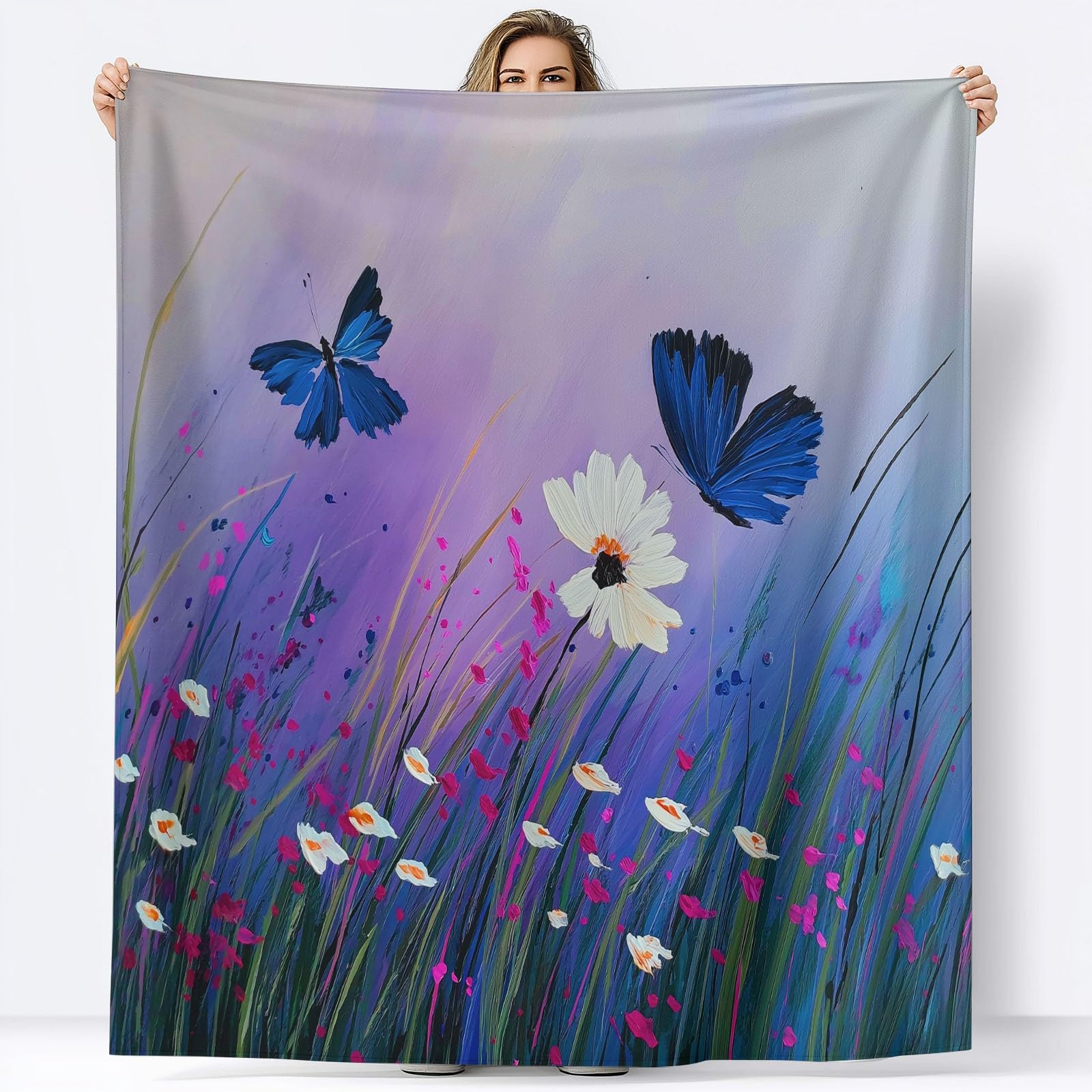 200 x 200 cm, przytulny koc w kolorze fioletowym, wiejska łąka kwiatowa, puszysty koc polarowy, koc na kanapę, puszysty koc z mikrofibry, narzuta na sofę, do sypialni, biura