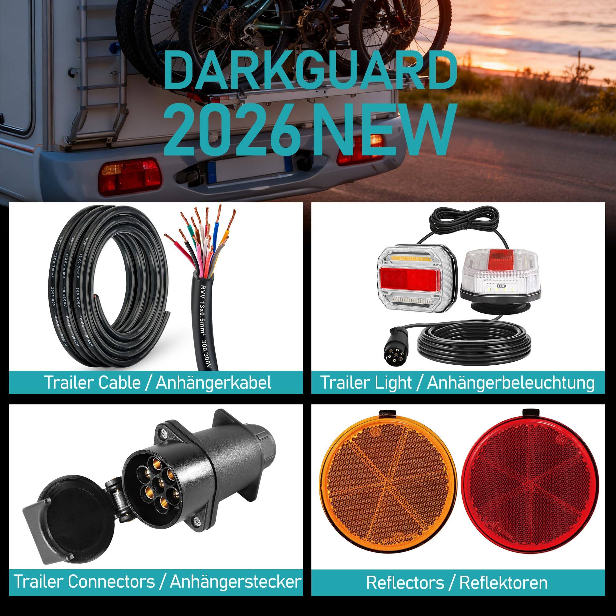 Pilotos Traseros Remolque Iman 12V 24 V Pilotos Led Remolque con Cable,Kit Luces Remolque Iman con Enchufe 7 Pines & 7.5m Cableado para Remolques Camion Tractor ECE IP67 Homologados