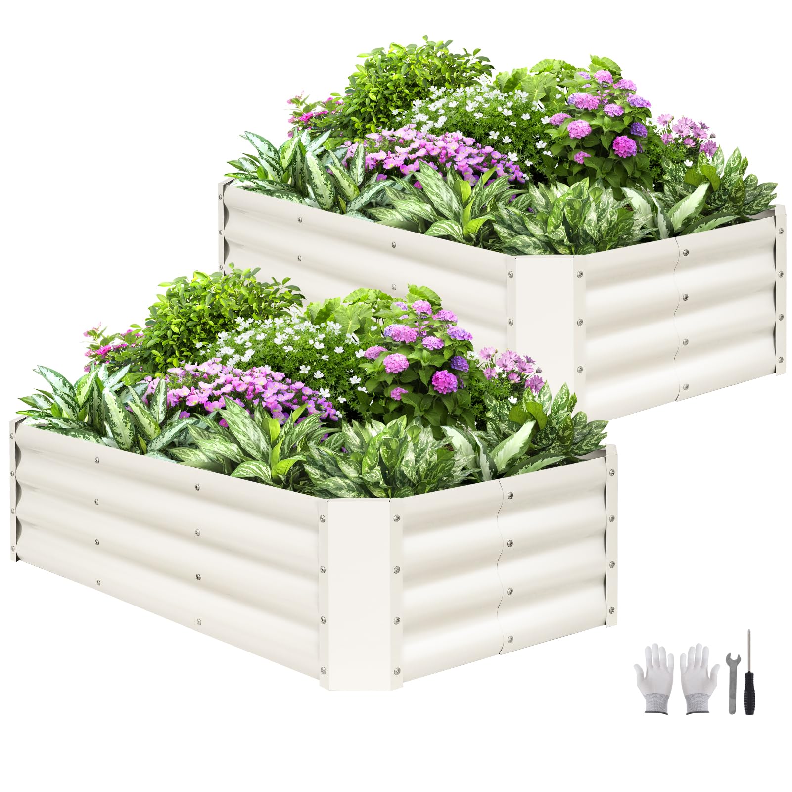 WILLOW WEAVE Set of 2 Raised Beds for Garden, Galvanized Steel Planters Outdoor for Growing Plants, Vegetables, Flowers and Herbs, 120x60x30cm, White