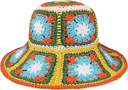Miniatura 6 de Sombrero de paja flexible, plegable, plegable, de ala ancha, sombrero de playa de verano, sombrero de cubo de ganchillo para mujer