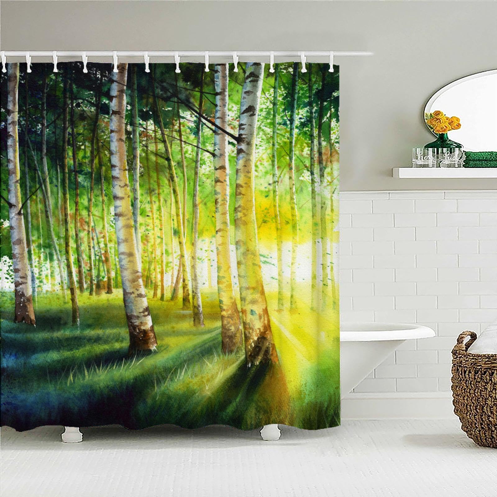 Cortina de Ducha con Estampado de árboles de Bosque de Abedul, Cortinas de baño de Paisaje Lavables de Tela Impermeable para decoración de baño con Ganchos 153x183cm