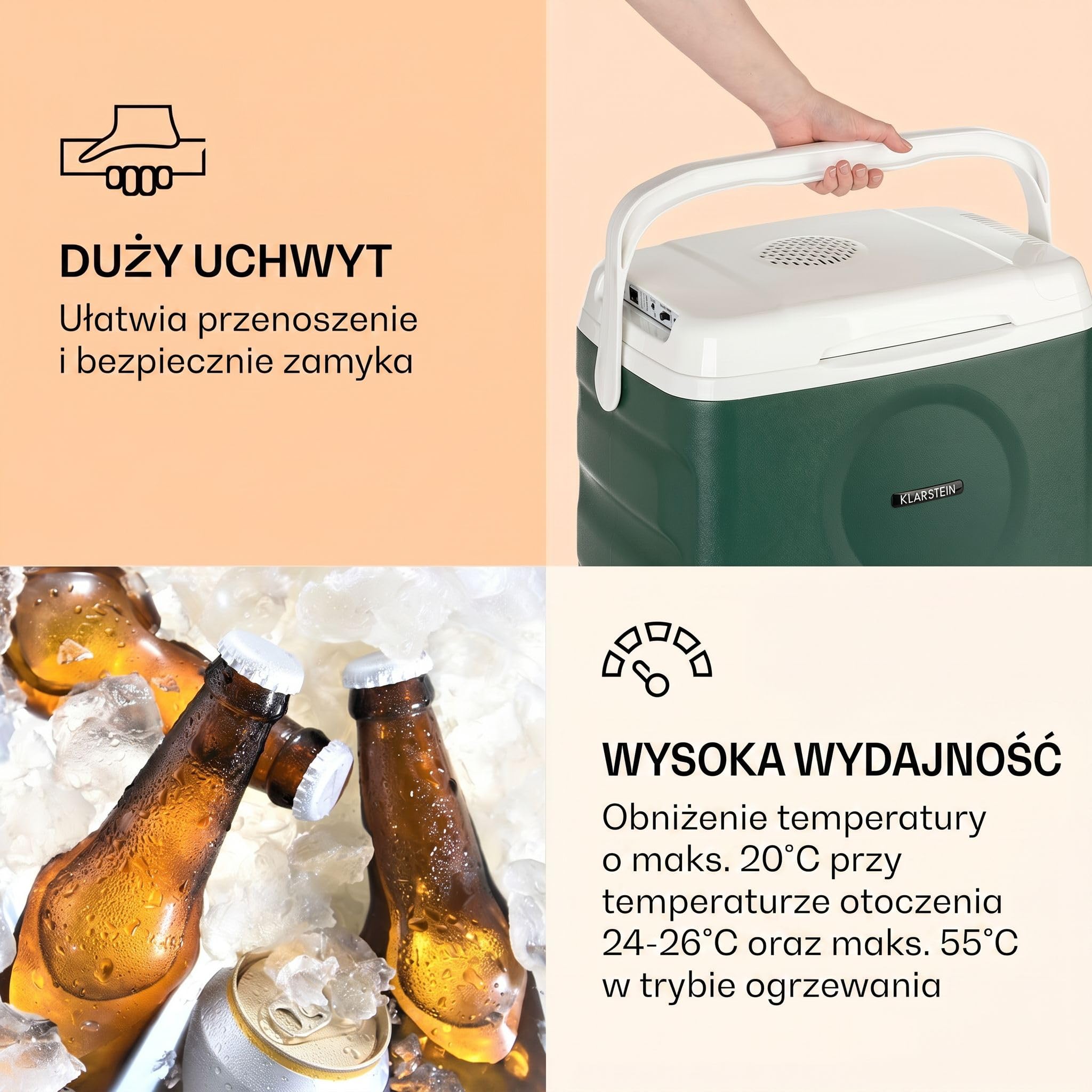 Nevera eléctrica Klarstein BeerBelly 21-21 L, 3 Conexiones: 230 V, 12 V, Encendedor y USB, para Coche, para Coche, camión, Camping, Enchufe, Verde