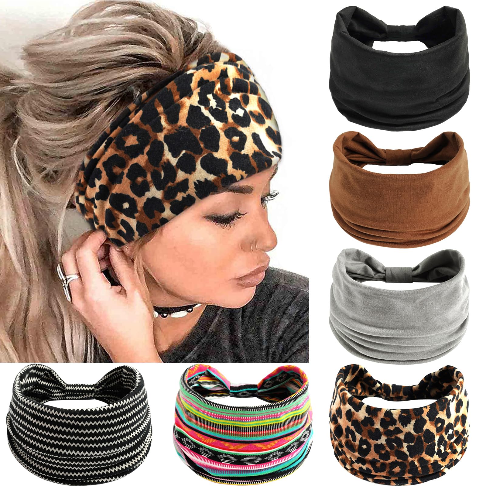 Photo 1 of SAWINDA 6 Pack Boho Headbands for Women Wide Stretchy Head Bands for Women's Hair Vintage Knotted Turban Soft Cloth Head Bands Yoga Running Elastic Head Wrap Headbands Accessories for Teen Girls