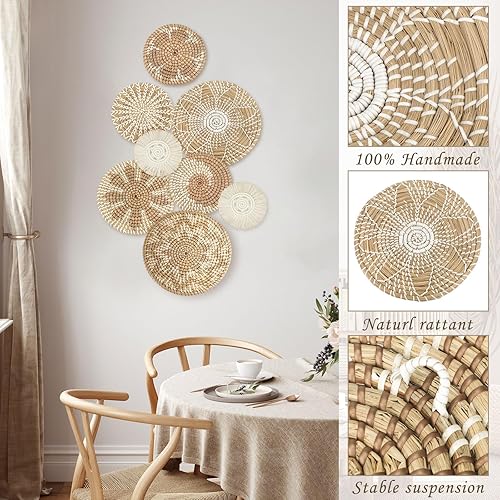 Miniatura 5 de Xuhal Juego de 8 cestas de pared tejidas colgantes hechas a mano, decorativas, rústicas, bohemias, decoración de pared hecha a mano de mimbre