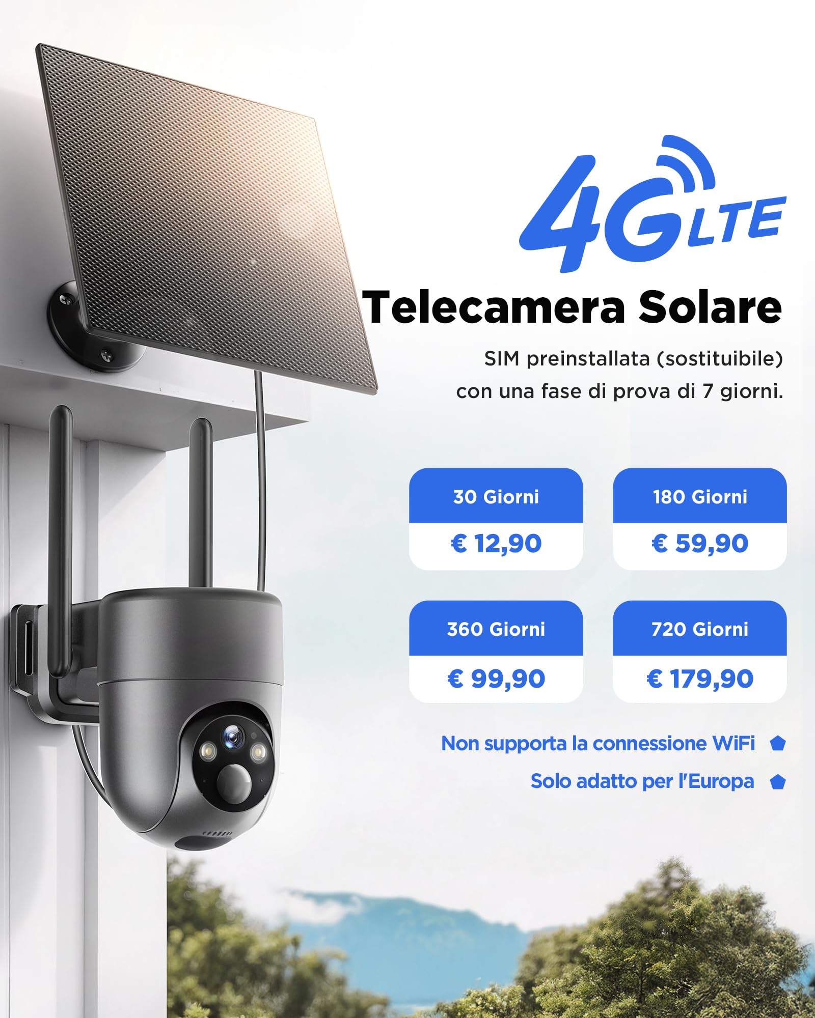 4G LTE Telecamera Esterno Solare con SIM Senza Fili, 2K Telecamera con Pannello Solare e Batteria, 360° PTZ, Visione Notturna a Colori, Rilevamento PIR, Audio Bidirezionale, IP66, Senza WiFi