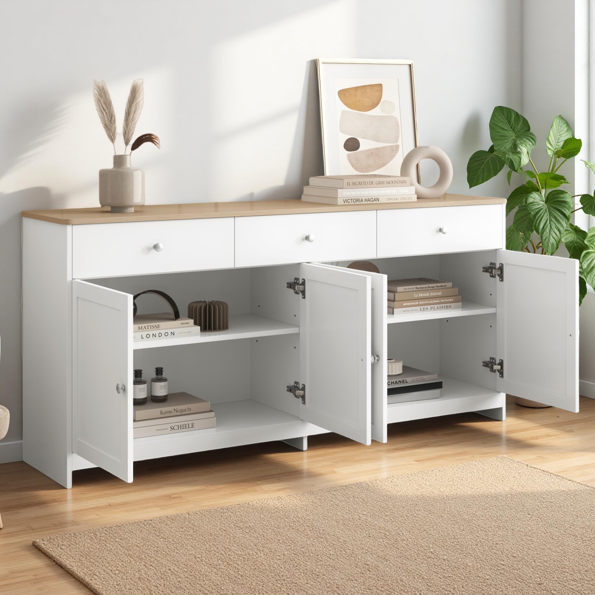 Credenza, cassettiera con 4 ante e 3 cassetti, credenza con ripiani regolabili, armadietto a buffet, per soggiorno, sala da pranzo, cucina, corridoio, natura e bianco (bianco, 160 x 37 x 75)