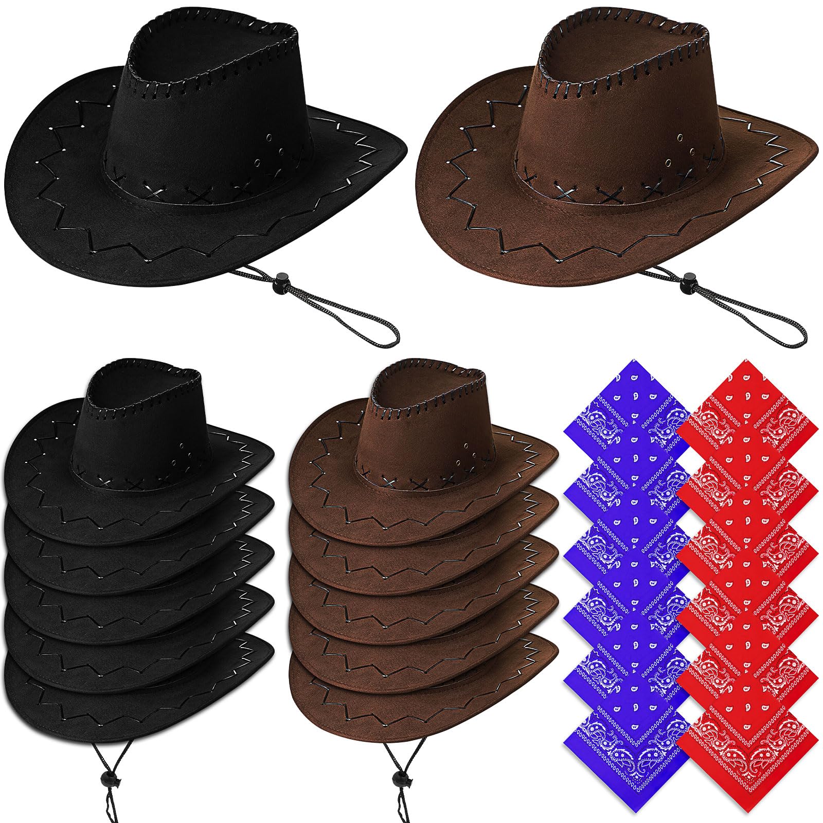 MSYU 24 Pcs Cowboy Hat for Women and Men, Unisex Western Cowboy Hat with Bandanna, Felt Wide Edge Western Cowboy Hats Classic Panama Hat Outdoor Wide Edge Cowboy Hats