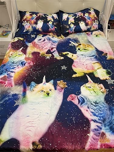 Miniatura 7 de RoyalLinens Juego de cama de 3 piezas con estampado de unicornio arcoíris y gatito para niños, tamaño individual, tamaño Queen King con 1 funda de