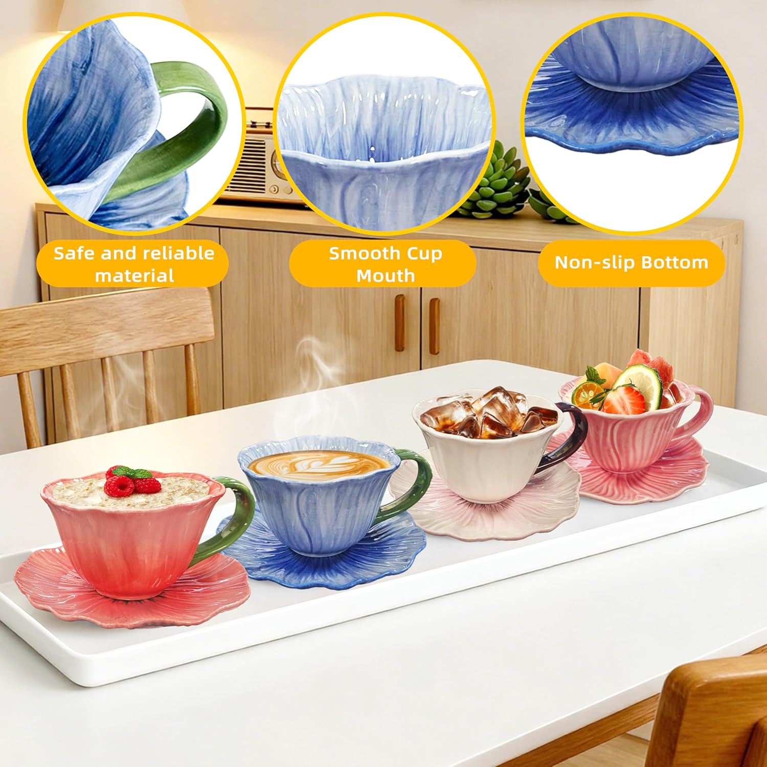 10 oz Tea Cups and Saucers, Ceramic Flower-shaped Cappuccino Cup, Latte Cup and Saucer set, elegant floral Espresso Cup set, cups are microwave and dishwasher safe-Blue