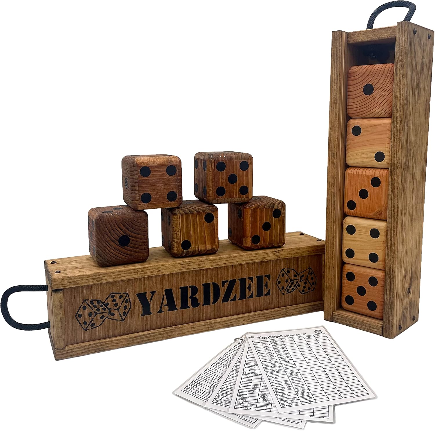 Yardzee Giant Yard Dice Set with custom wood storage case, 4 dry erase score cards and 5 Lawn Dice. Great Outdoor Game Gift Idea