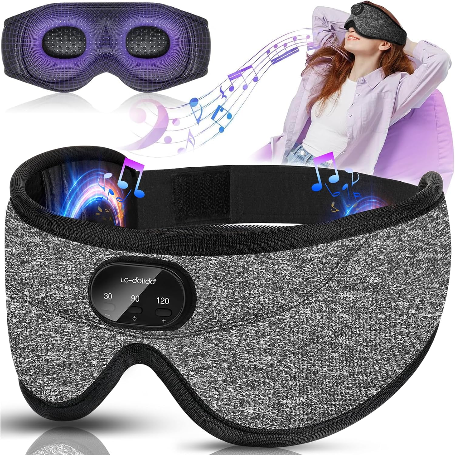 LC-dolida Bluetooth Sleep Mask Headphones, Eye Mask Headphones Built-in 38 Soothing White Noise, Can Play 15Hrs Breathable Eye mask with Bluetooth Earphones for Travel,Nap Sleeping,Shift Work
