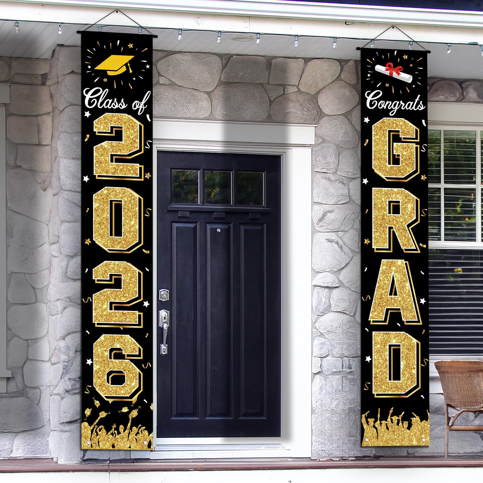 Photo 1 of 2026 Graduation Decorations, Graduation Banner Class of 2026, Hanging Congratulations/Congrats Grad Banner for Door and Porch, Party Decor - Black
