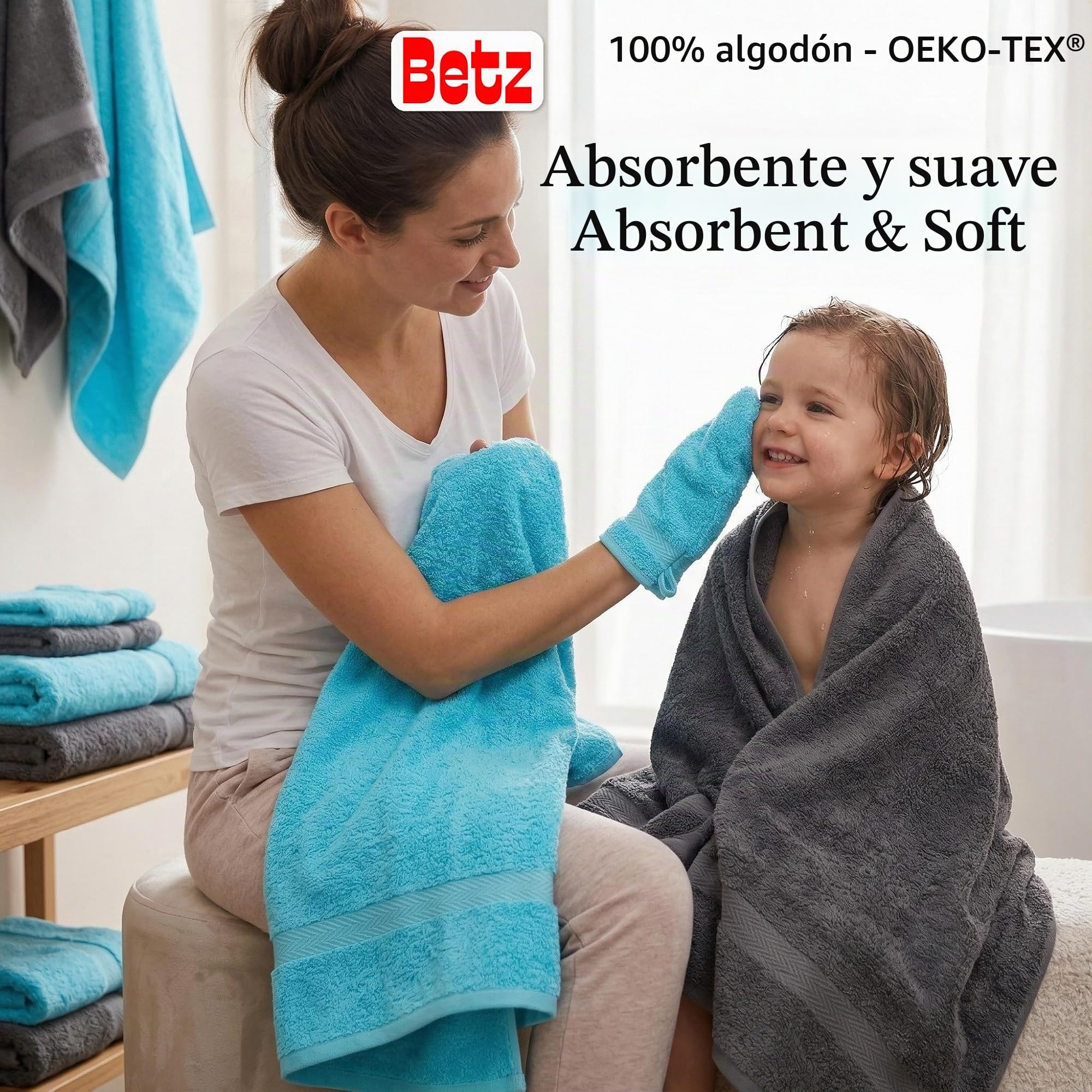 Betz Juego de Toallas de 10 Piezas 2 Toallas de baño 4 Toallas de Mano 2 Toallas para Invitados 2 Manoplas de baño 100% algodón Toalla Ducha baño Mano Premium de Color Turquesa y Gris Antracita