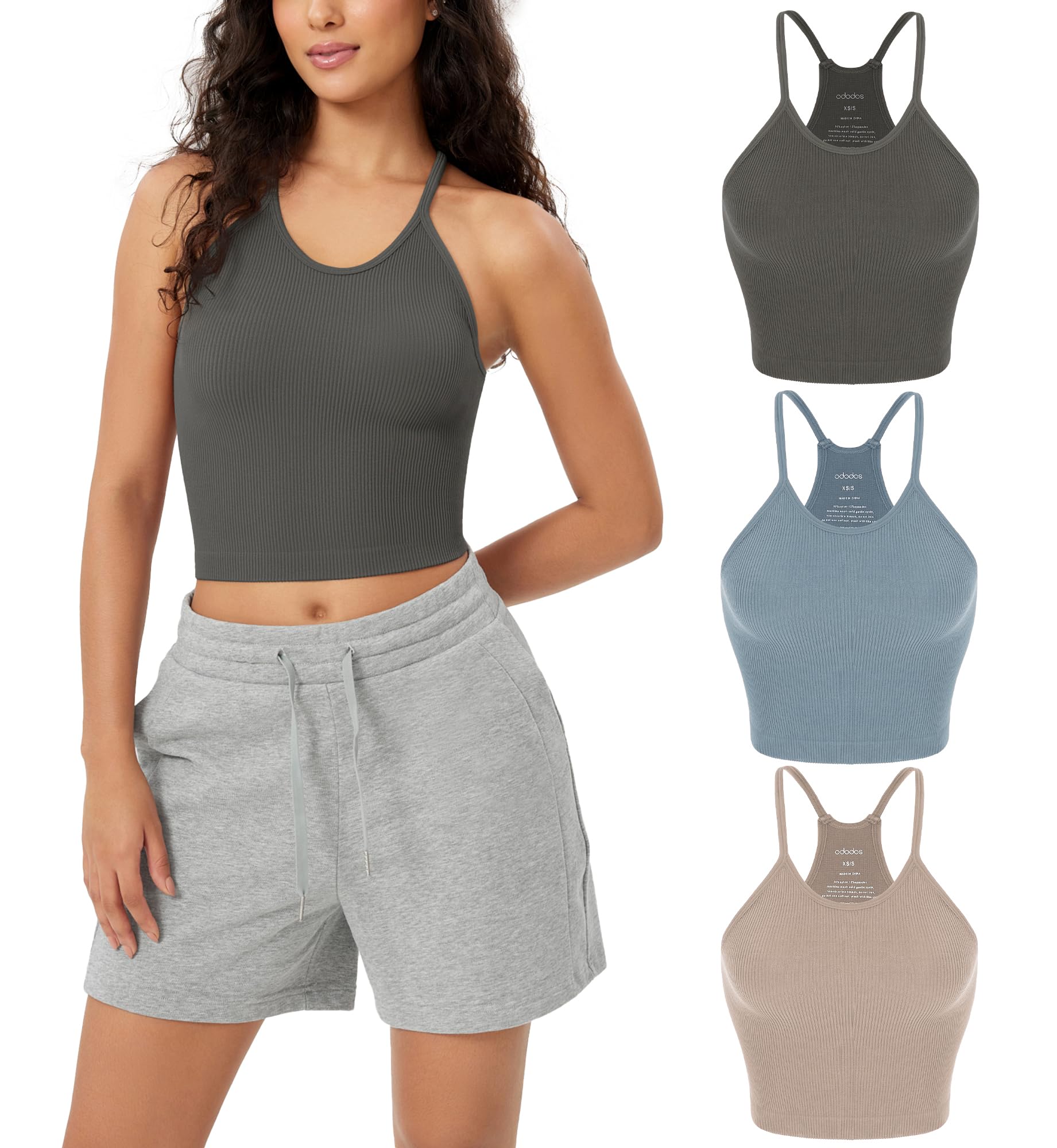 ODODOSWomen's Crop 3-Pack Seamless Rib-Knit Camisole Crop Tank Tops