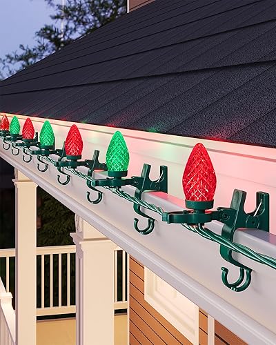 Miniatura 8 de SURAIELEC Luces de Navidad para Techo, 67 Pies 100 LED C9 Luces de Cadena con Clips Multicolor para Canalones, Tejas, Línea del Techo, Decoración