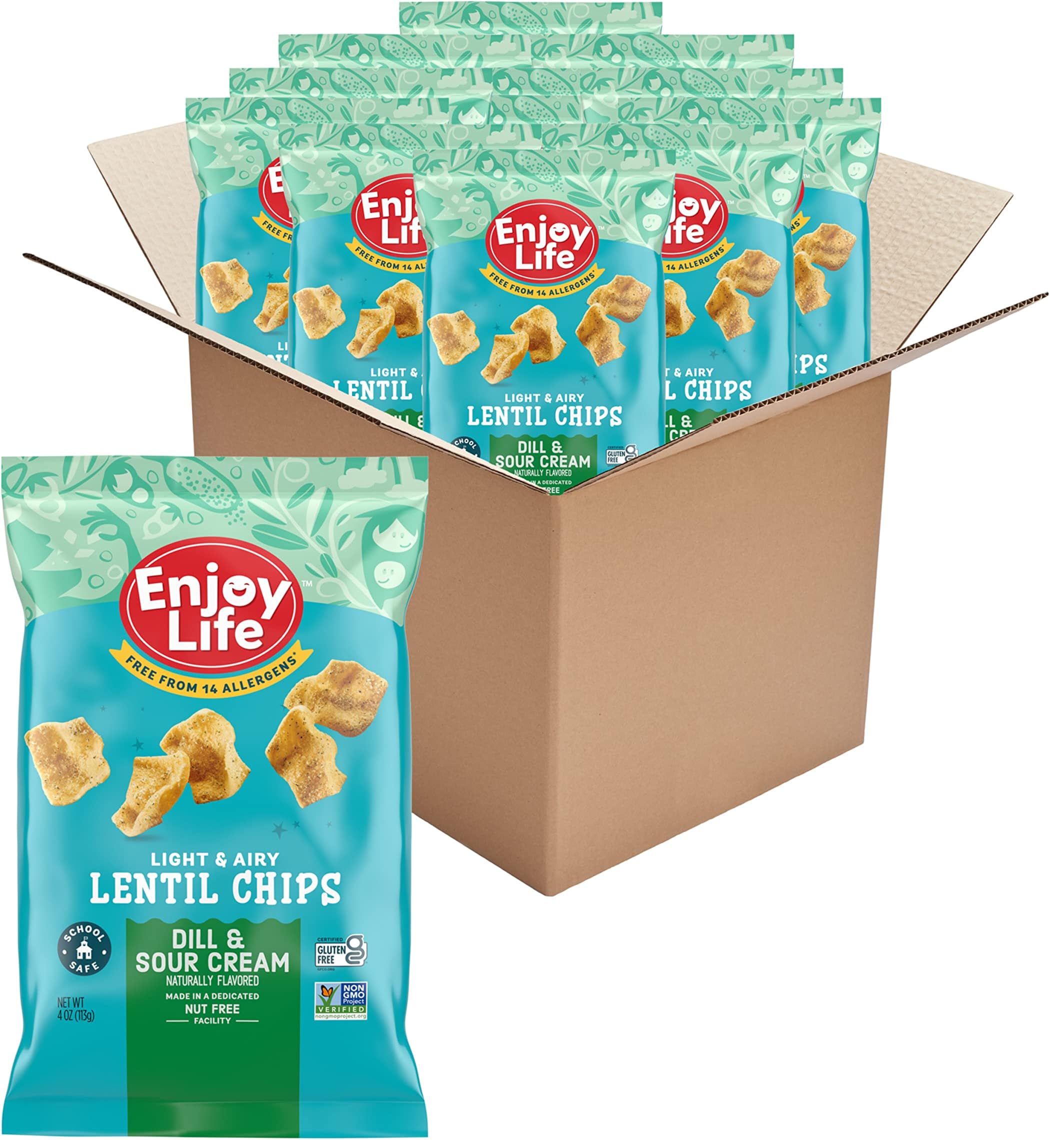 Enjoy Life Dill and Sour Cream Lentil Chips, Gluten Free, Vegan, Non GMO, Dairy Free, Soy Free, Allergy Friendly, School Safe, 4 oz each (12 Bags Total)
