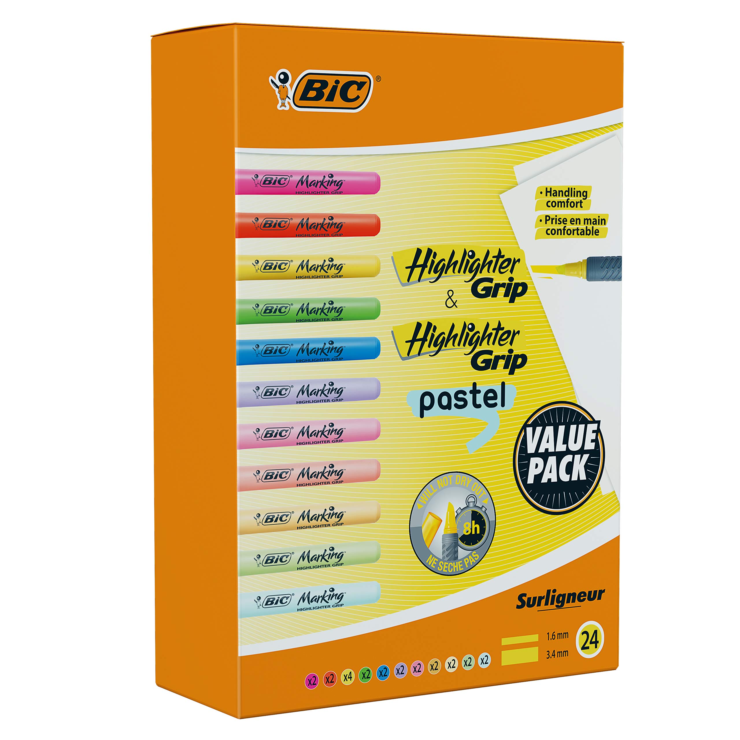 BIC Highlighter Grip & Highlighter Grip Pastel Pack of 24