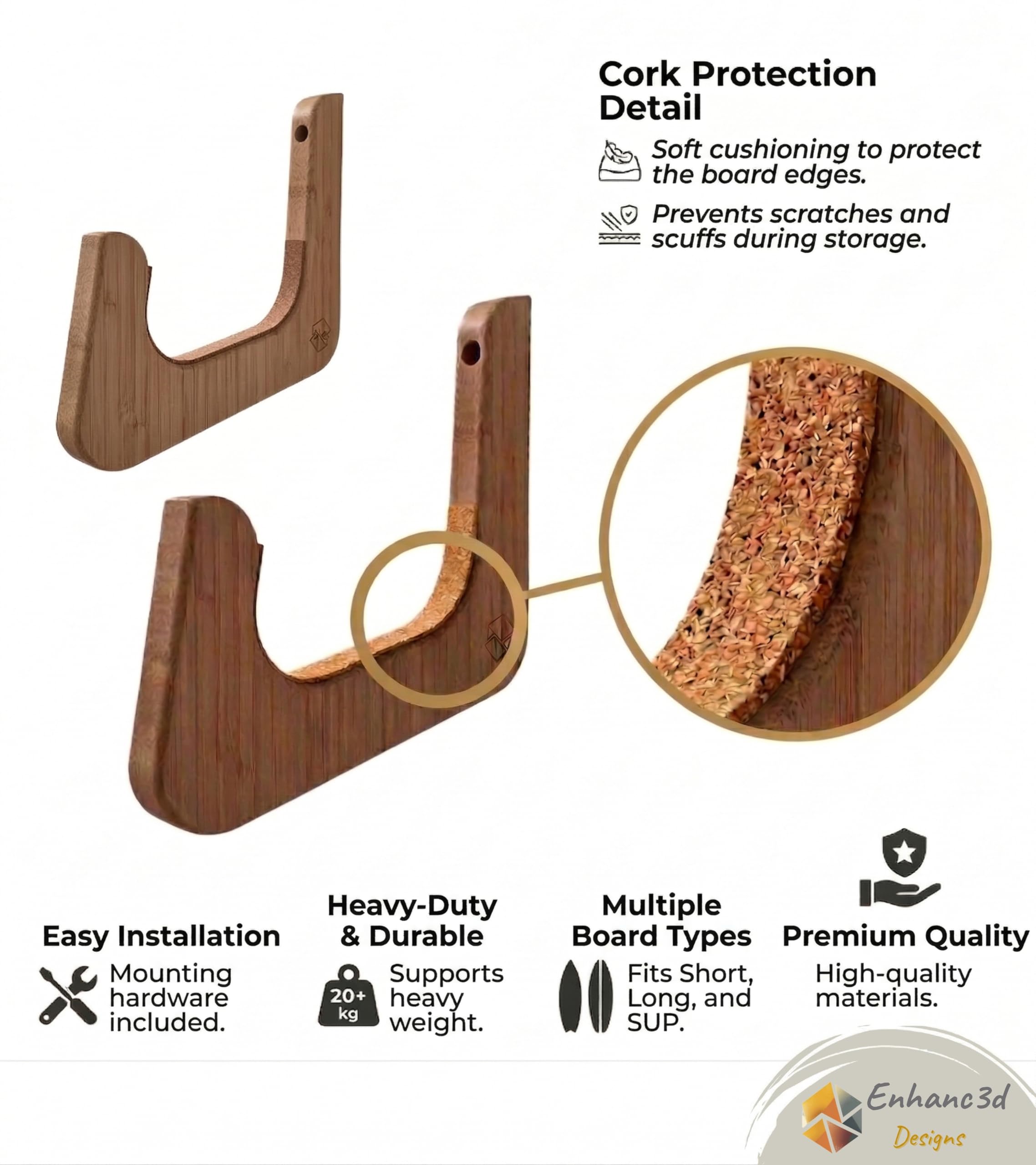 Supporto Tavola da Surf da Parete - Supporto Orizzontale per Tavola da Surf e SUP in Legno - Design Moderno e Robusto