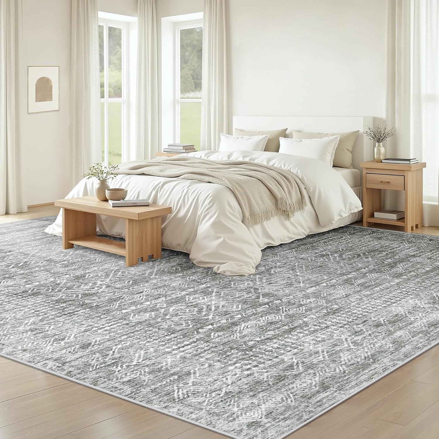 Living Room Rugs 8x10: Washable Moroccan Geometric Boho Rug Farmhouse Non Slip Stain Resistant Large Rug Low Pile Soft Carpet for Bedroom Dining Room Children Room (Grey,8'x10') Grey 8' x 10' (Rectangular)