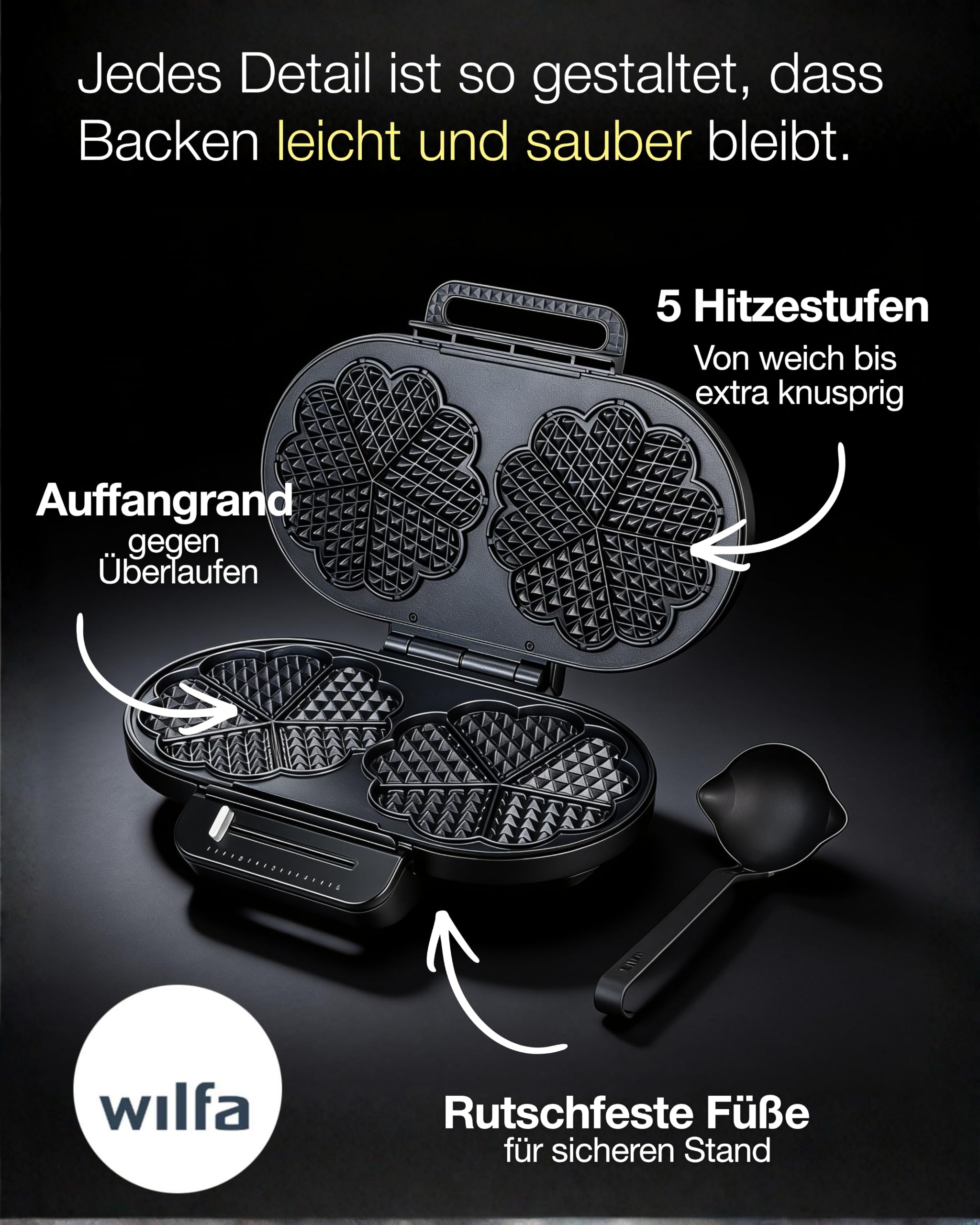 Wilfa CLASSIC DOUBLE Doppelwaffeleisen für 10 Herzwaffeln gleichzeitig I 5 Hitzestufen für individuelle Bräune & Crunch I Herzwaffel-Waffeleisen mit Signalton, Antihaftbeschichtung & Teigkelle