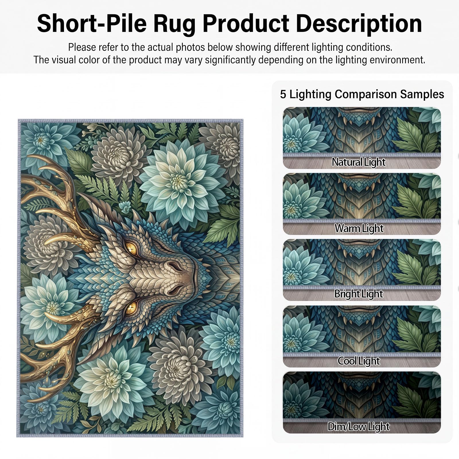 Générique Lavable en Machine Tapis Salon 140x200 cm, Dragon Floral Antidérapant à Poil Ras Tapis, Moderne Fantaisie Décoration Écologique pour Salle à Manger Couloir Chambre Bureau