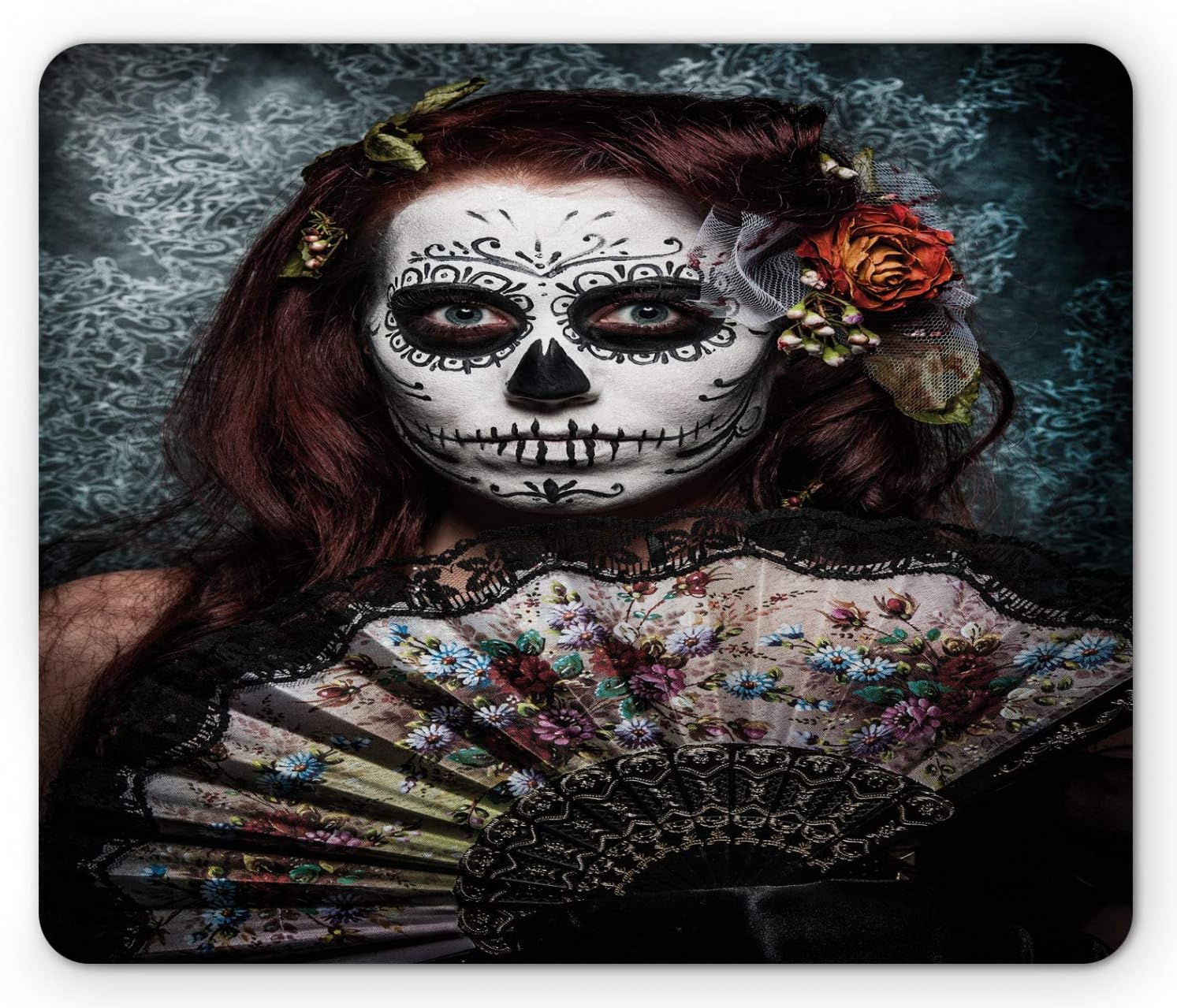 Ambesonne Day of The Dead Mouse Pad, Make up Artist Girl with Dead Skull Scary Roses Artwork Print, Rectangle Non-Slip Rubber Mousepad, Standard Size, Blue Maroon