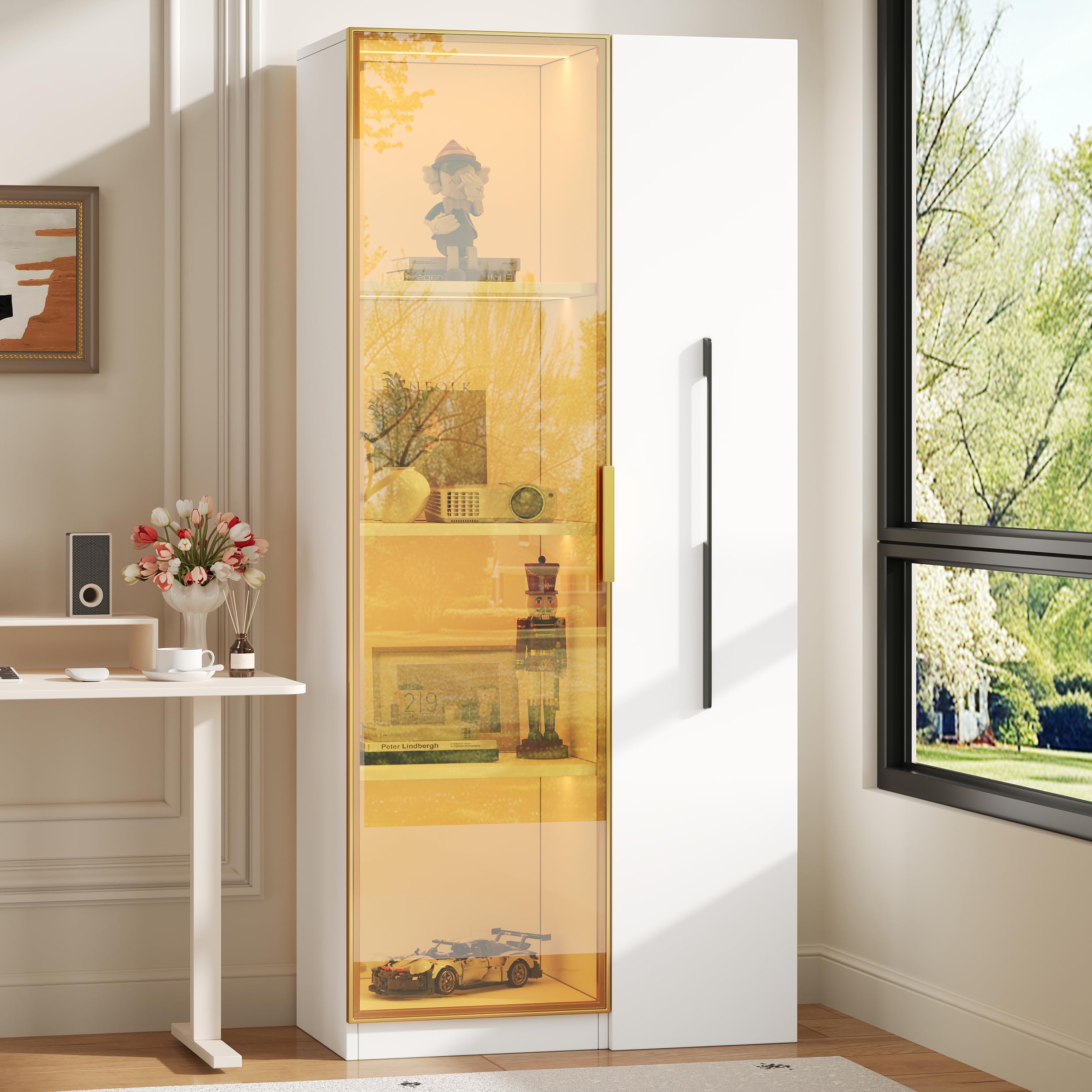 Vetrina di 70×40×160 cm con ante in vetro, cassetti laterali e illuminazione a LED integrata. Un mobile elegante e versatile, cantinetta per vini, libreria o mobile da sala da pranzo.