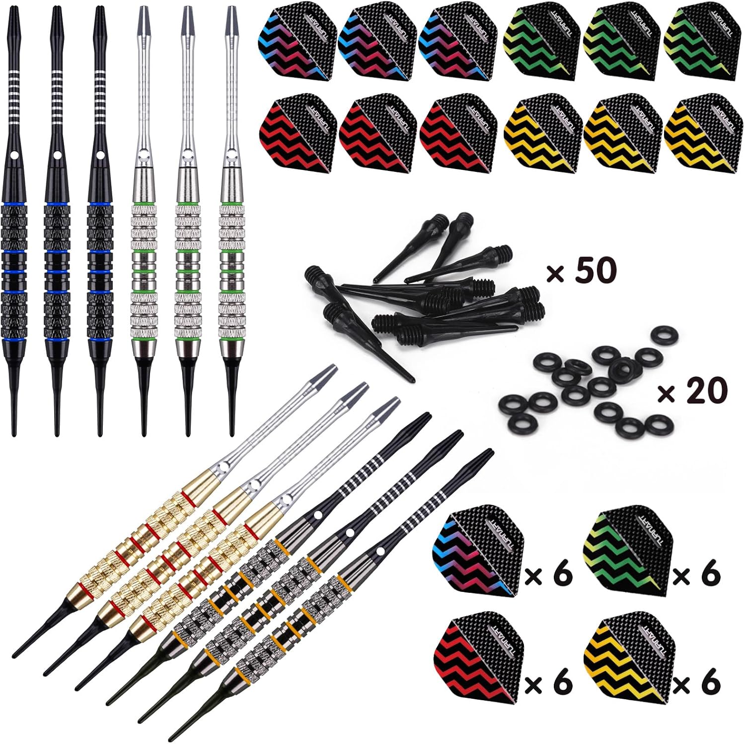 Turnart Darts Plastic Tip - Professional Soft Tip Darts Set for Electronic Dartboard 12 Pcs 18 Grams with 50 Extra Tips 24 Flights 2 Flight Protctors and Tool Kit Gift Darts