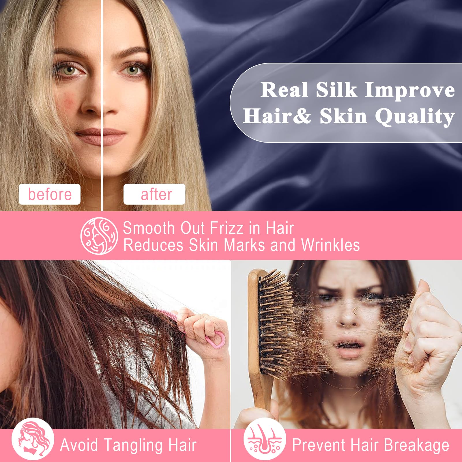 BYDHZN 100% Pure Silk Pillowcase 2 Pack for Hair and Skin, Both Sides 23 Momme Grade 6A+ Mulberry Silk Pillowcases with Hidden Zipper, Soft&Smooth Cooling Pillow Cases (Navy Blue, Queen 20x30)