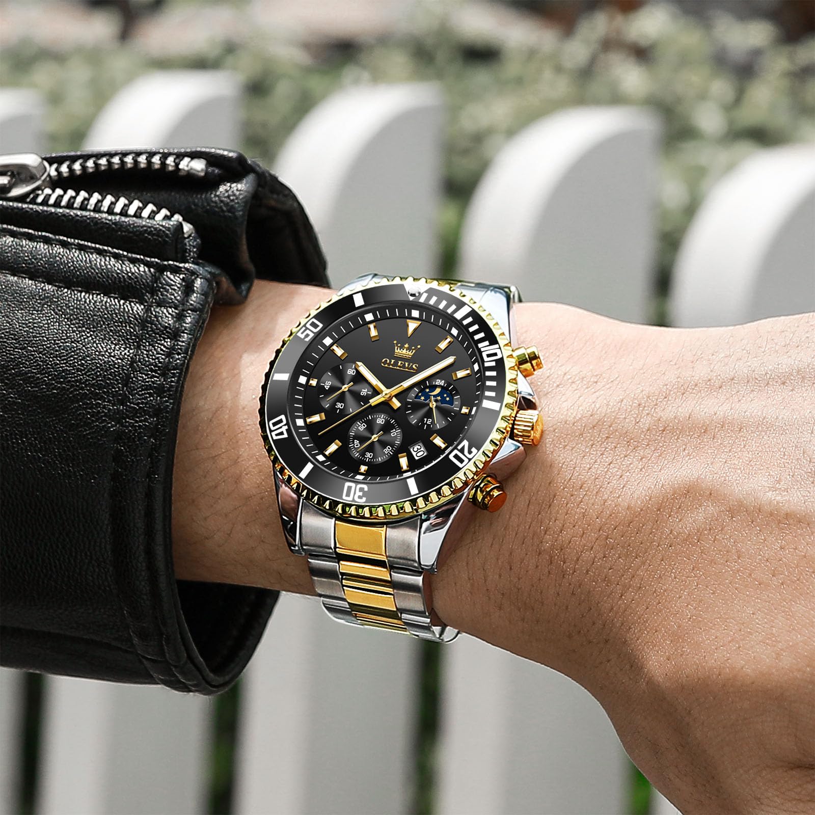 OLEVS Bicolor Armbanduhr Herren Metallarmband Mode Analog Uhren fur Männer Groß Schwarz Zifferblatt Elegante Edelstahl Herren Uhren Chronograph Leuchtend Wasserdicht Herrenuhren mit Datum Mondphase