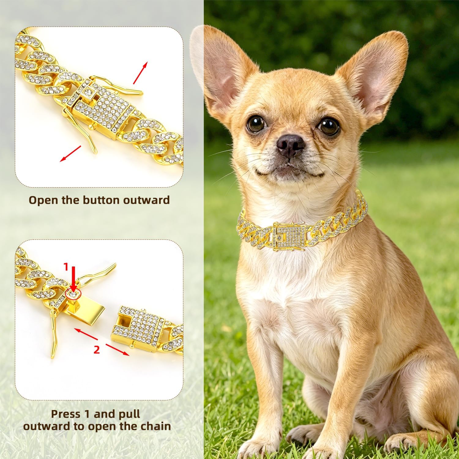1 Pcs 10in Cuban Link Dog Collar Diamond Crystal Metal Chain Pet Necklace with Secure Buckle Bling Jewelry Accessories for Small Medium Large Dogs Cats image 4