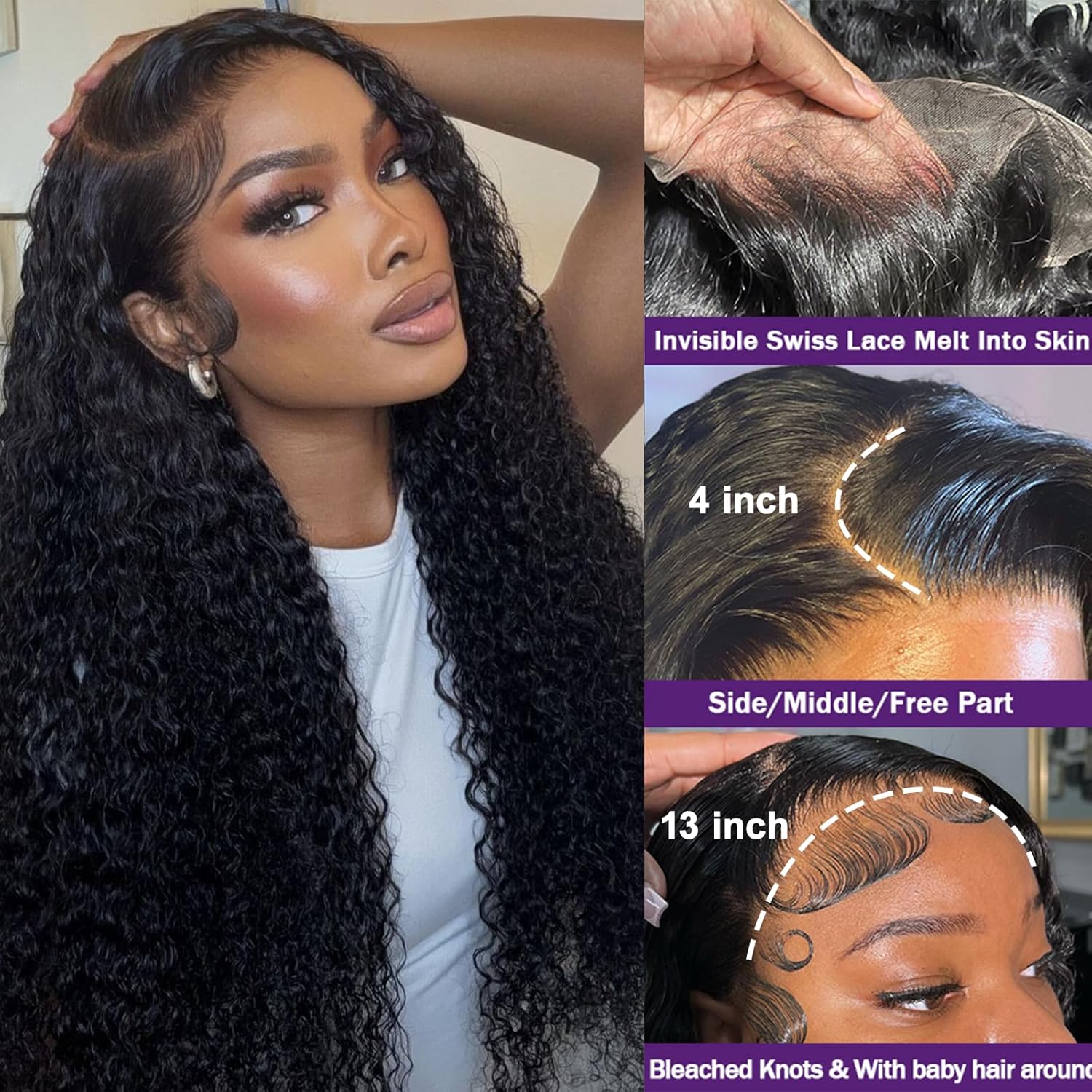 30 Inch Lace Front Wigs Human Hair Deep Wave 200% Density 13x4 HD Full Lace Frontal... - Image 2